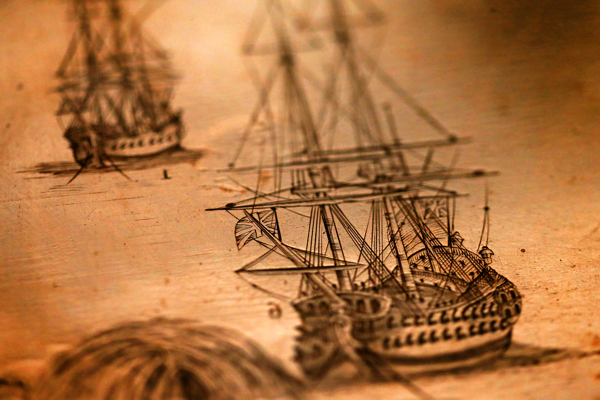 Detail of a copper etching by Paul Revere used to reproduce artwork for sale of British troops landing in 1768.