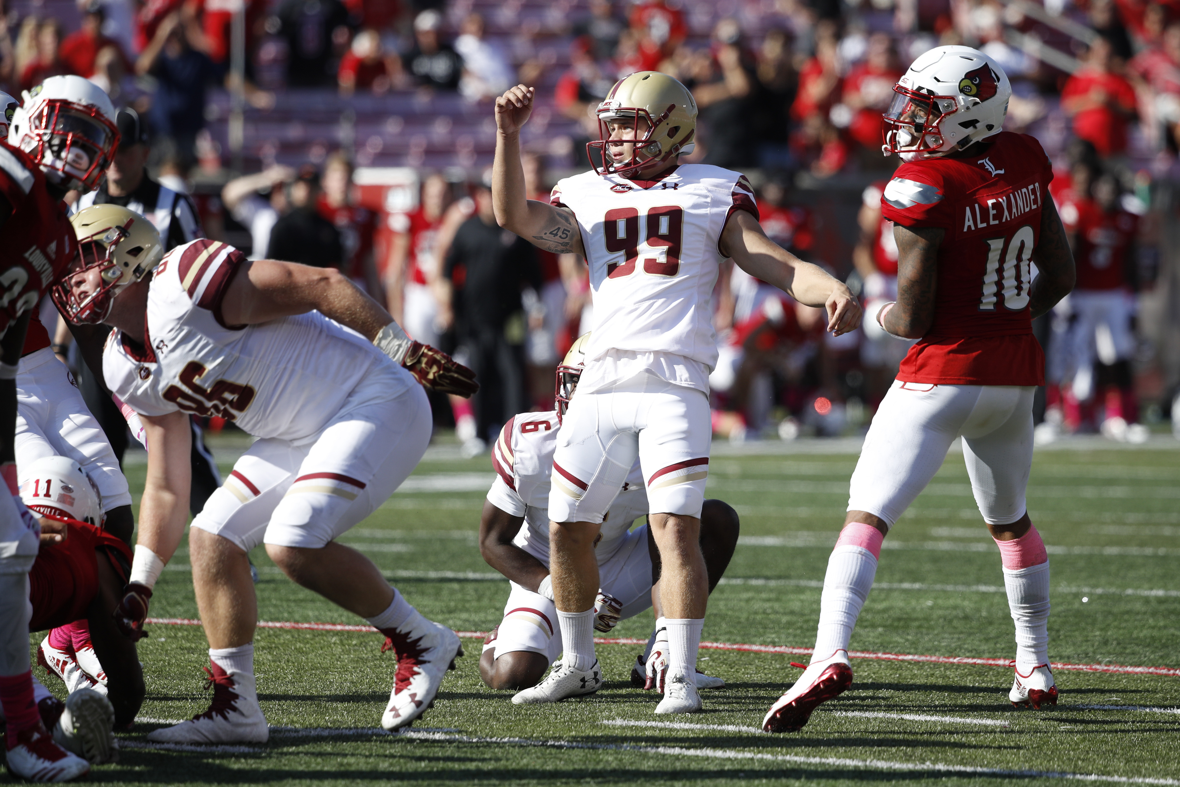 BC kicker Colton Lichtenberg (99) watches his winning 27-yard field goal split the uprights.