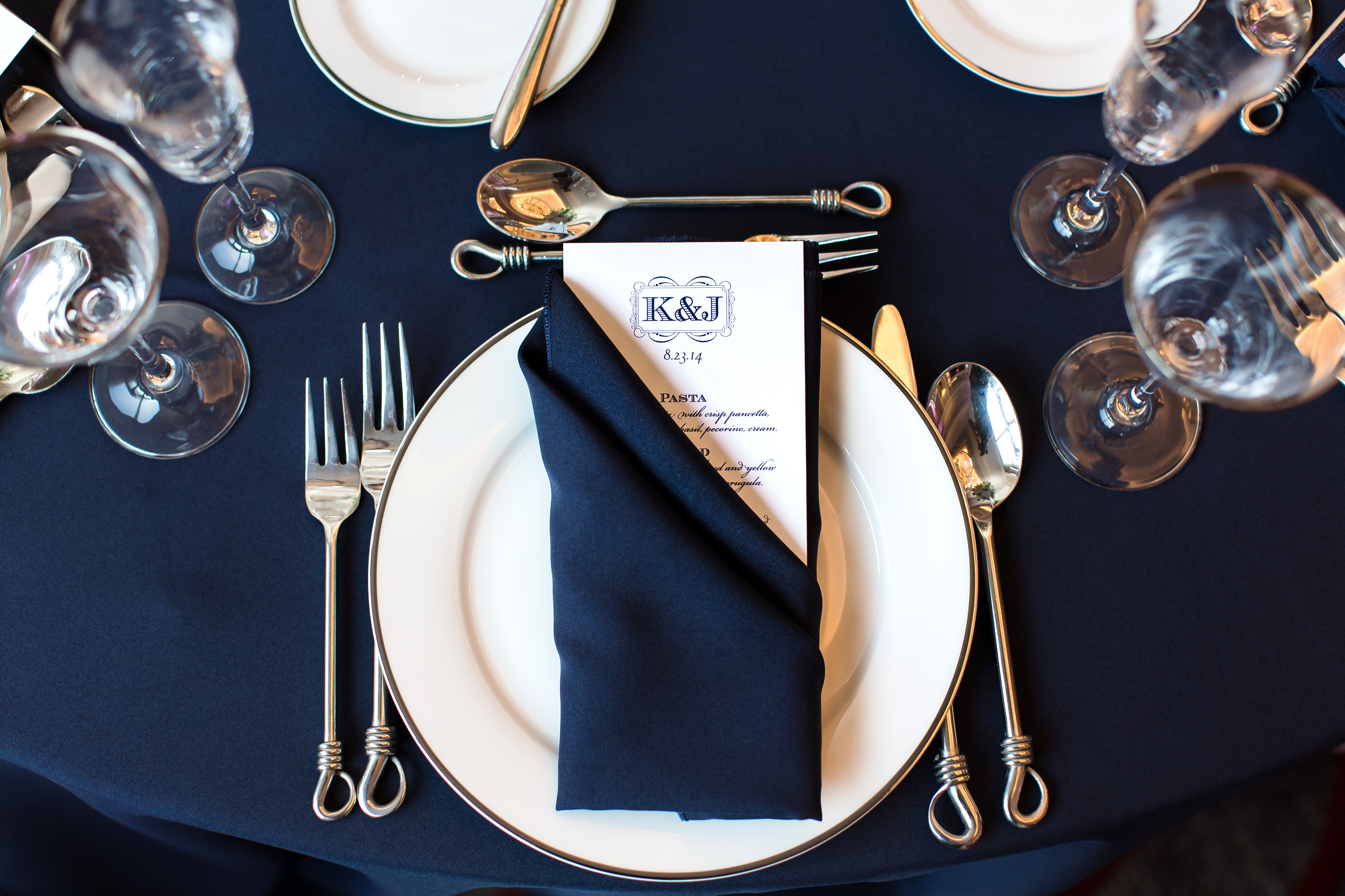 Wedding tablescape, courtesy of New England Country Rentals; featuring menu card, courtesy of Lynn Graham Designs.