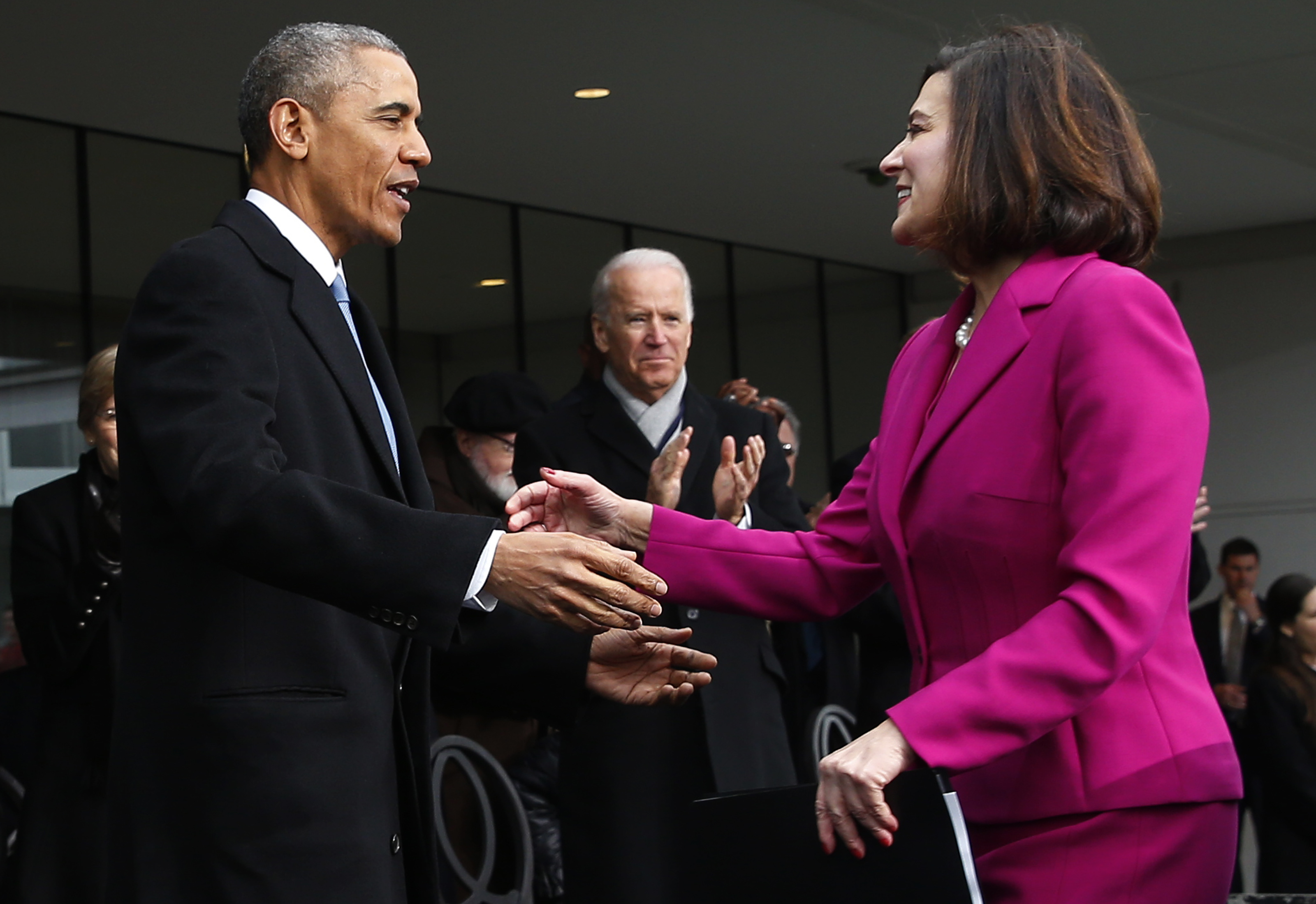 Vicki Kennedy greeted President Obama and Vice President Joe Biden in 2015 at a formal ceremony to dedicate the Edward M. Kennedy Institute for the United States Senate.