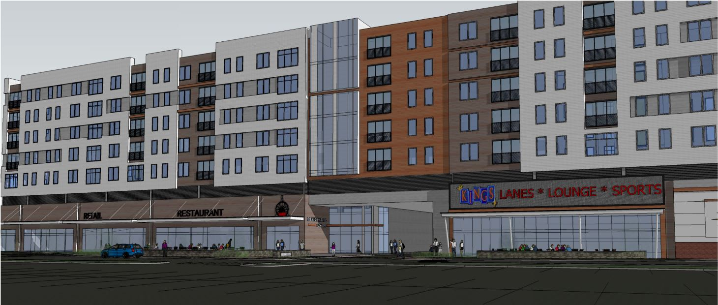 The owners of Shoppers World want to build a new seven-story building on Flutie Pass in Framingham that would have 136 multi-family apartment units over five floors, a residential parking level, and bottom-floor retail space with Kings bowling.