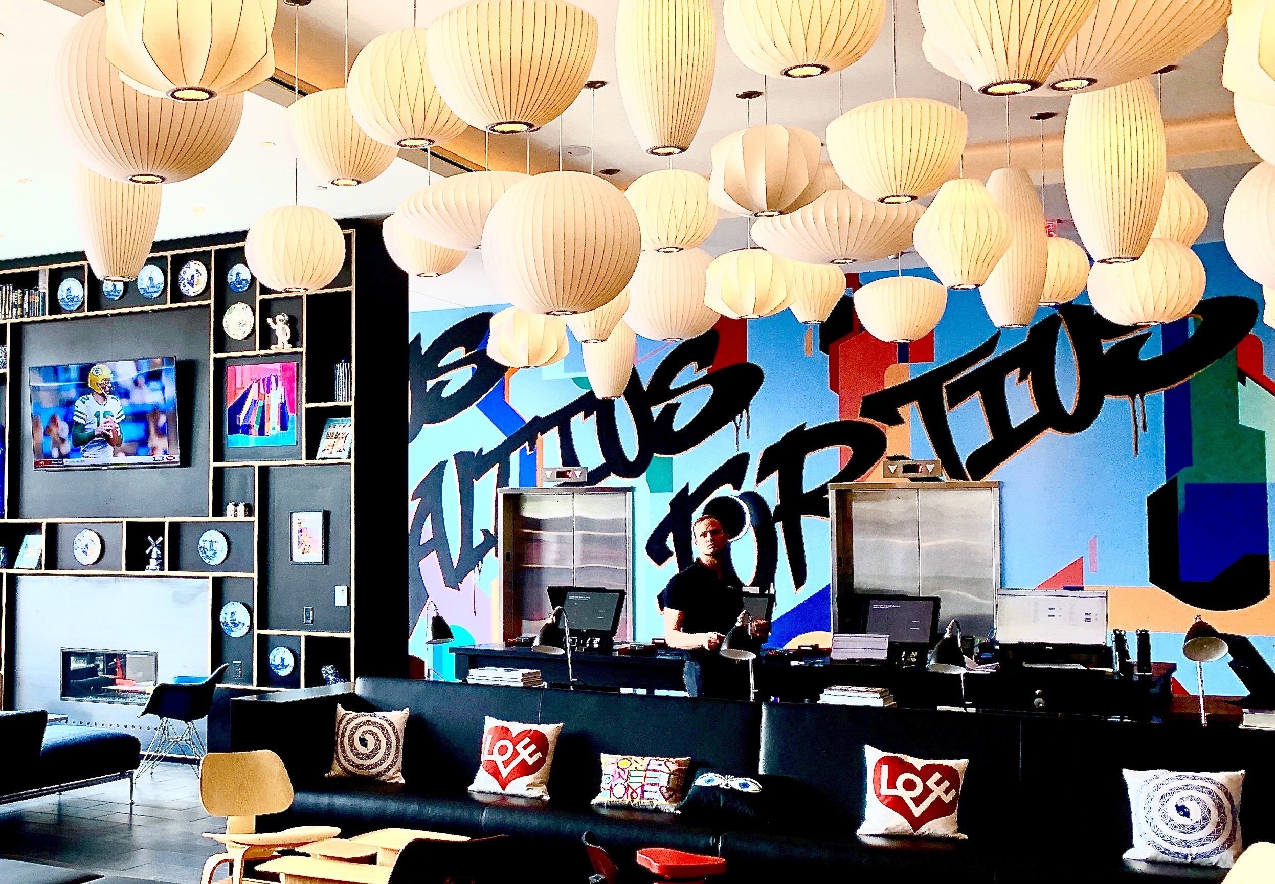 The main lobby of the citizenM hotel in Boston
