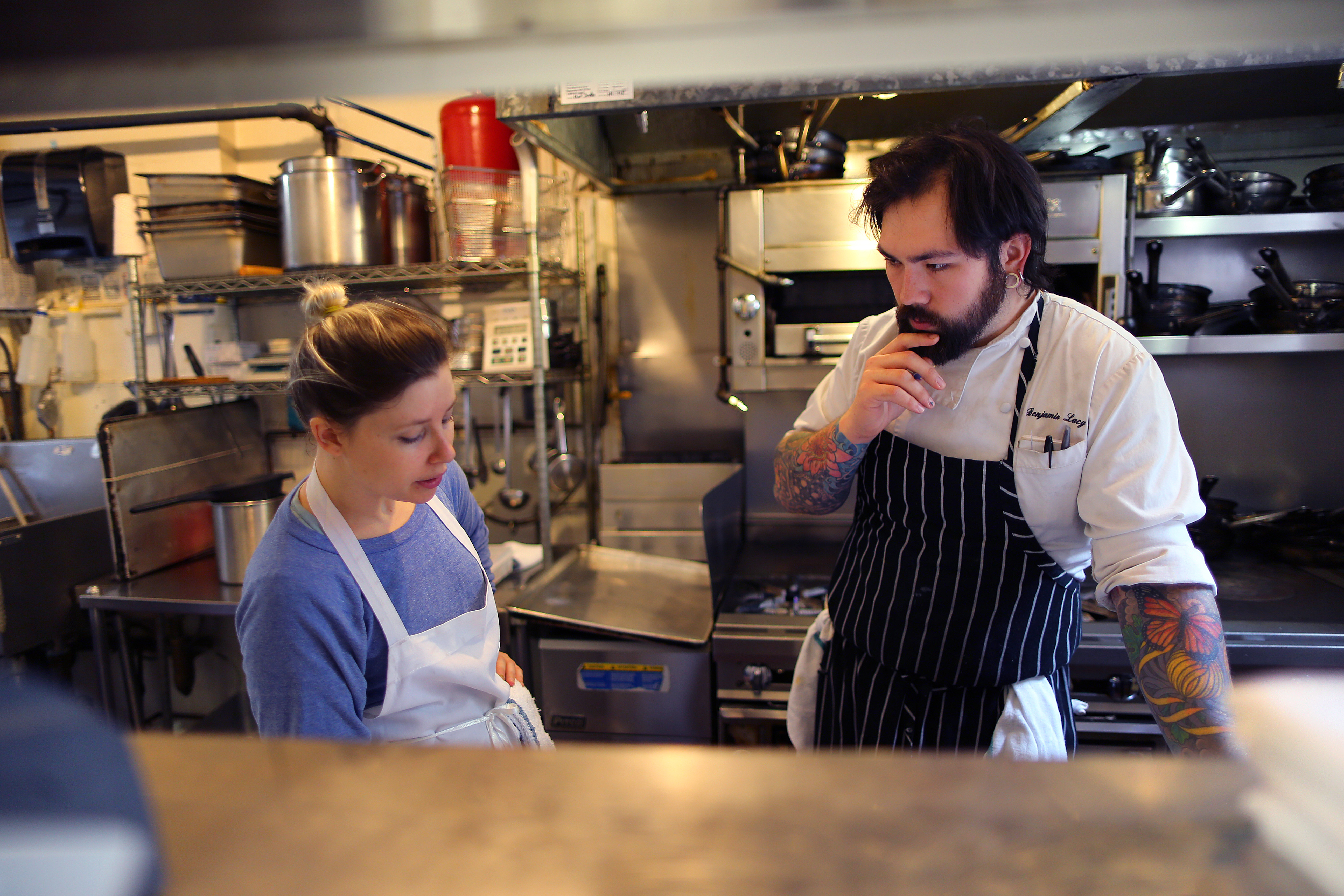 Koperek goes over recipes with Ten Tables executive chef Benjamin Lacy. Her hope is to be a personal chef (Fearless Foods, she will call it), for clients with food issues, perhaps like her own celiac disease.