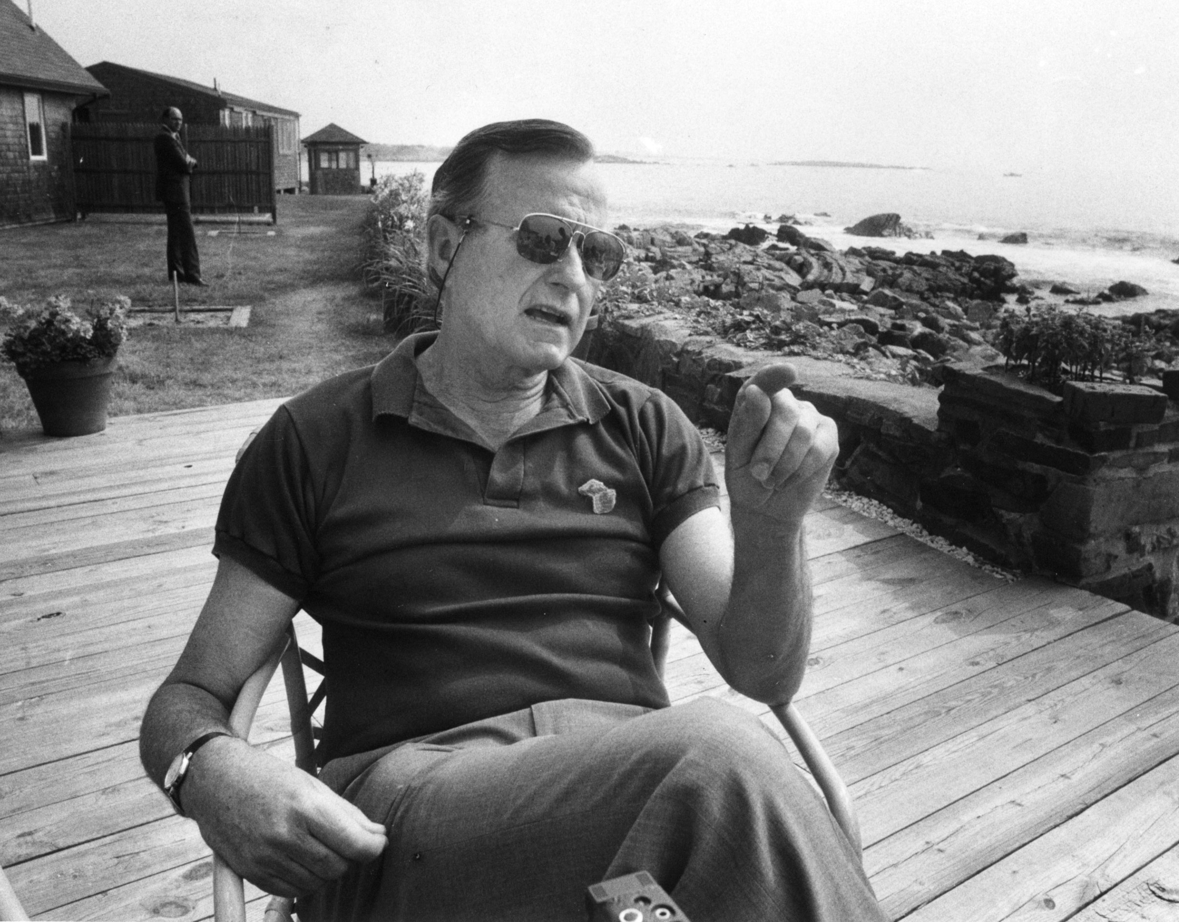 George H.W. Bush met with editors in Kennebunkport in July 1988 during his presidential campaign.