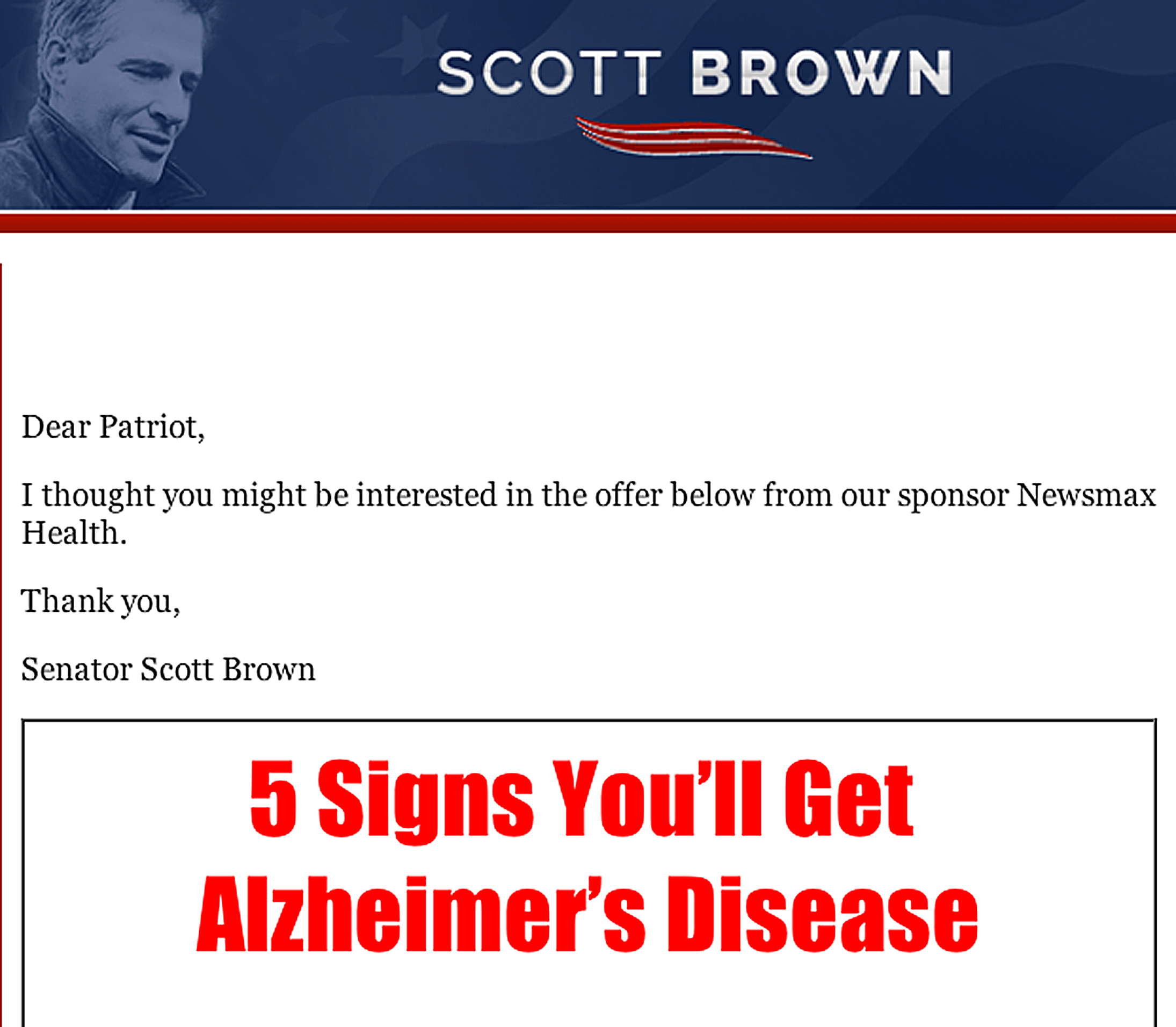 A screen shot of the e-mail sent from Scott Brown’s e-mail address.
