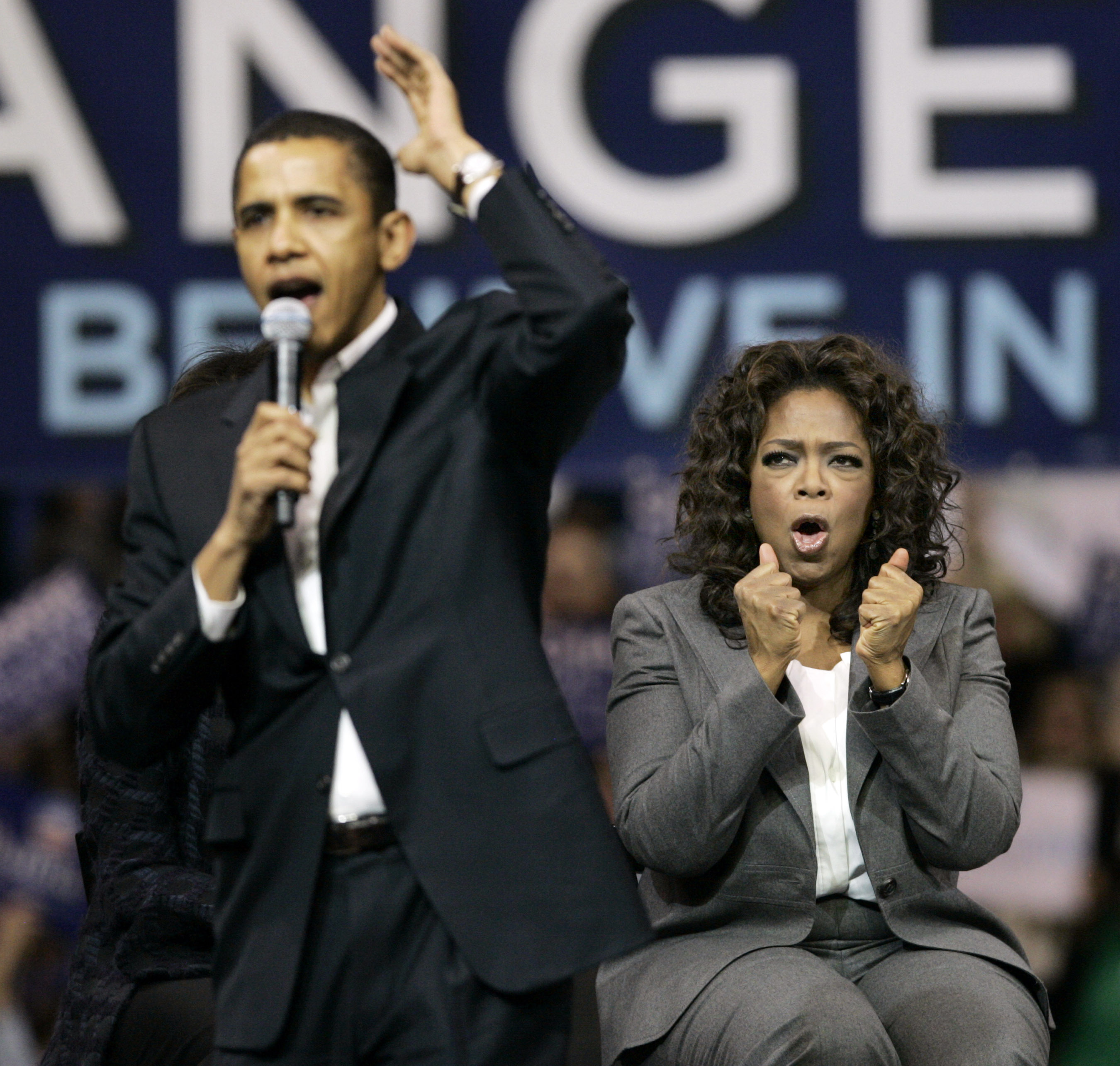 Then-Senator Barack Obama spoke at a rally with Oprah Winfrey in 2009.