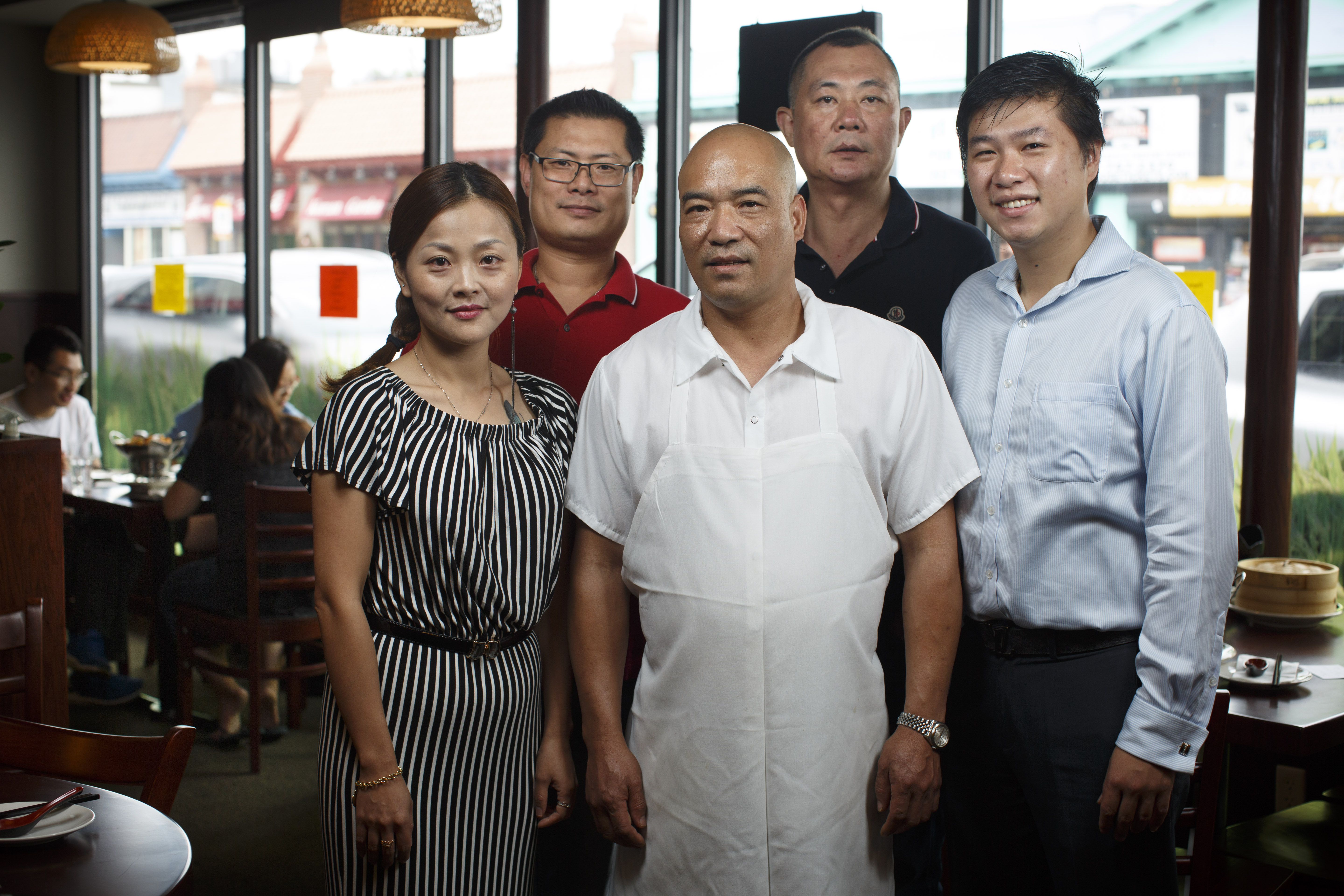 From left: manager Stella Liu, co-owner Rich Chen, chef Guangli Li, co-owner Zengqi Liu, and manager Rain Lam.