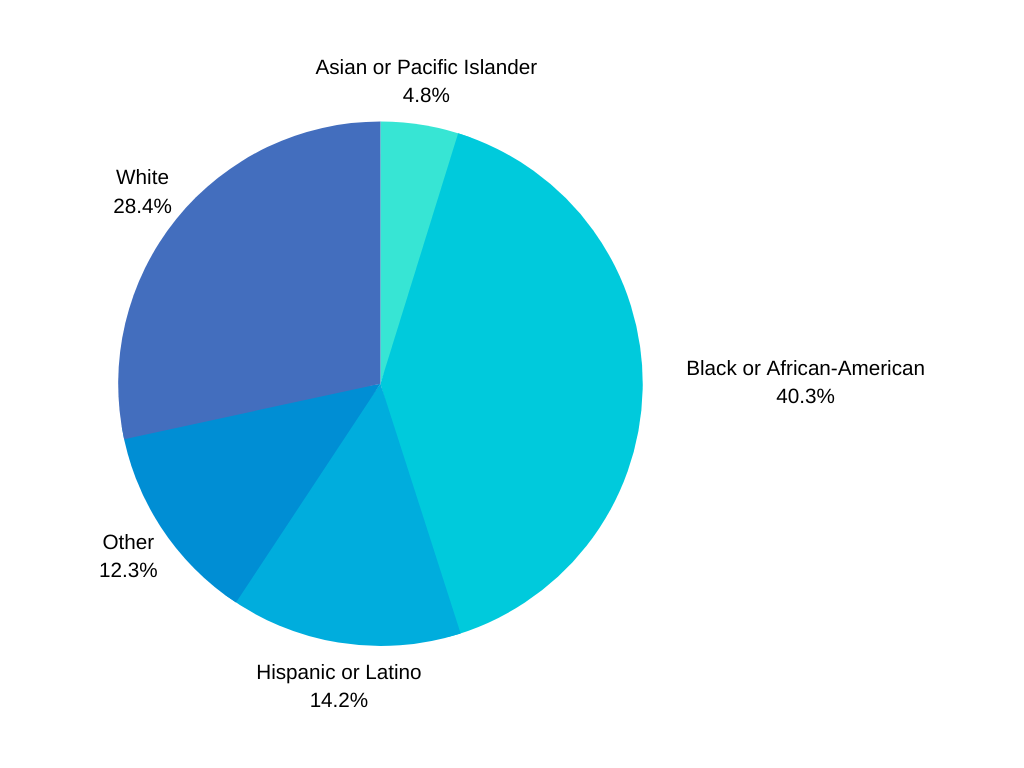 Race and ethnicity data were identified in about 62 percent of the city’s 2,513 cases. These percentages reflect all cases in which race and ethnicity were identified.