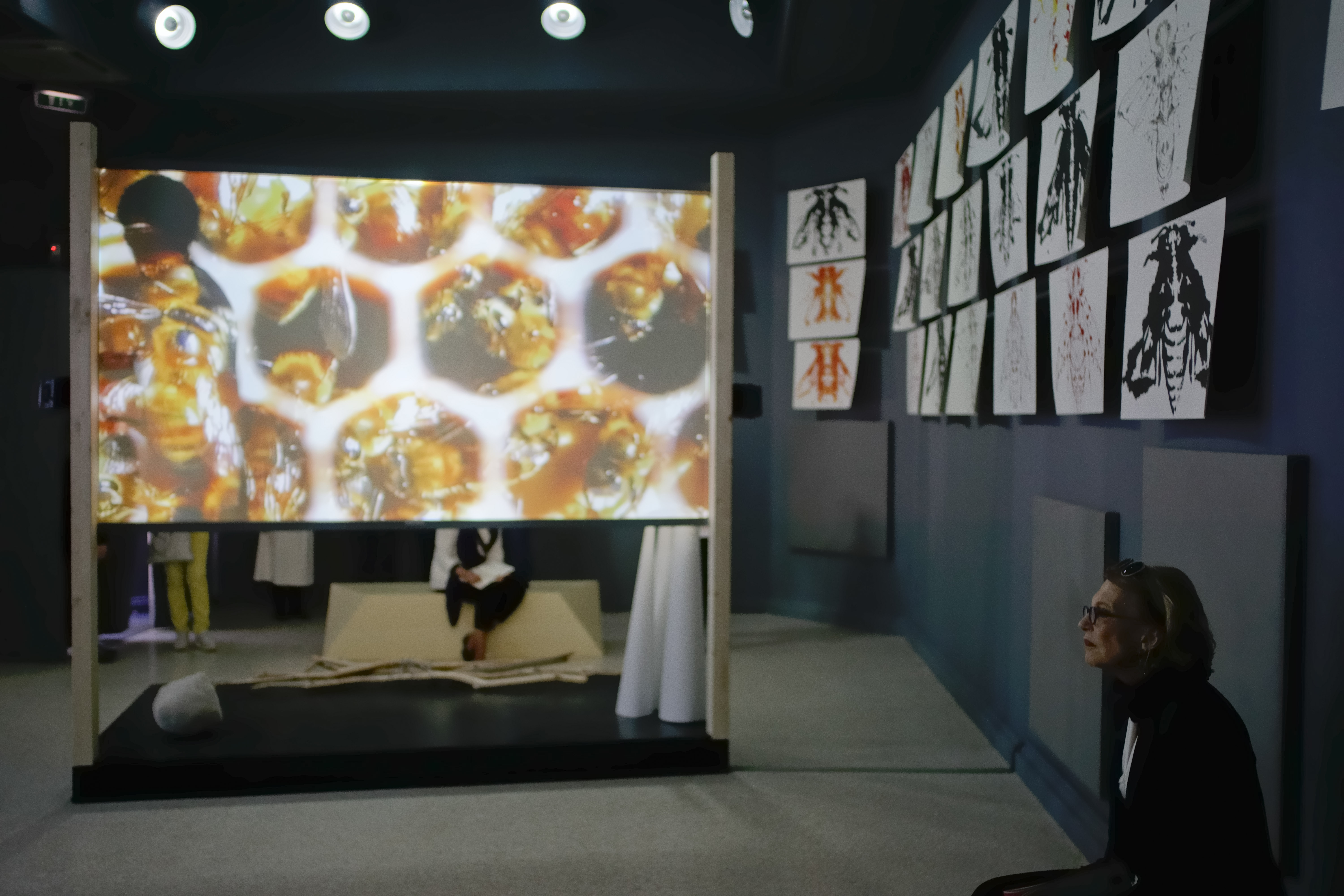 Visitors look at the video installation "They Come to US without a Word' by Joan Jonas.