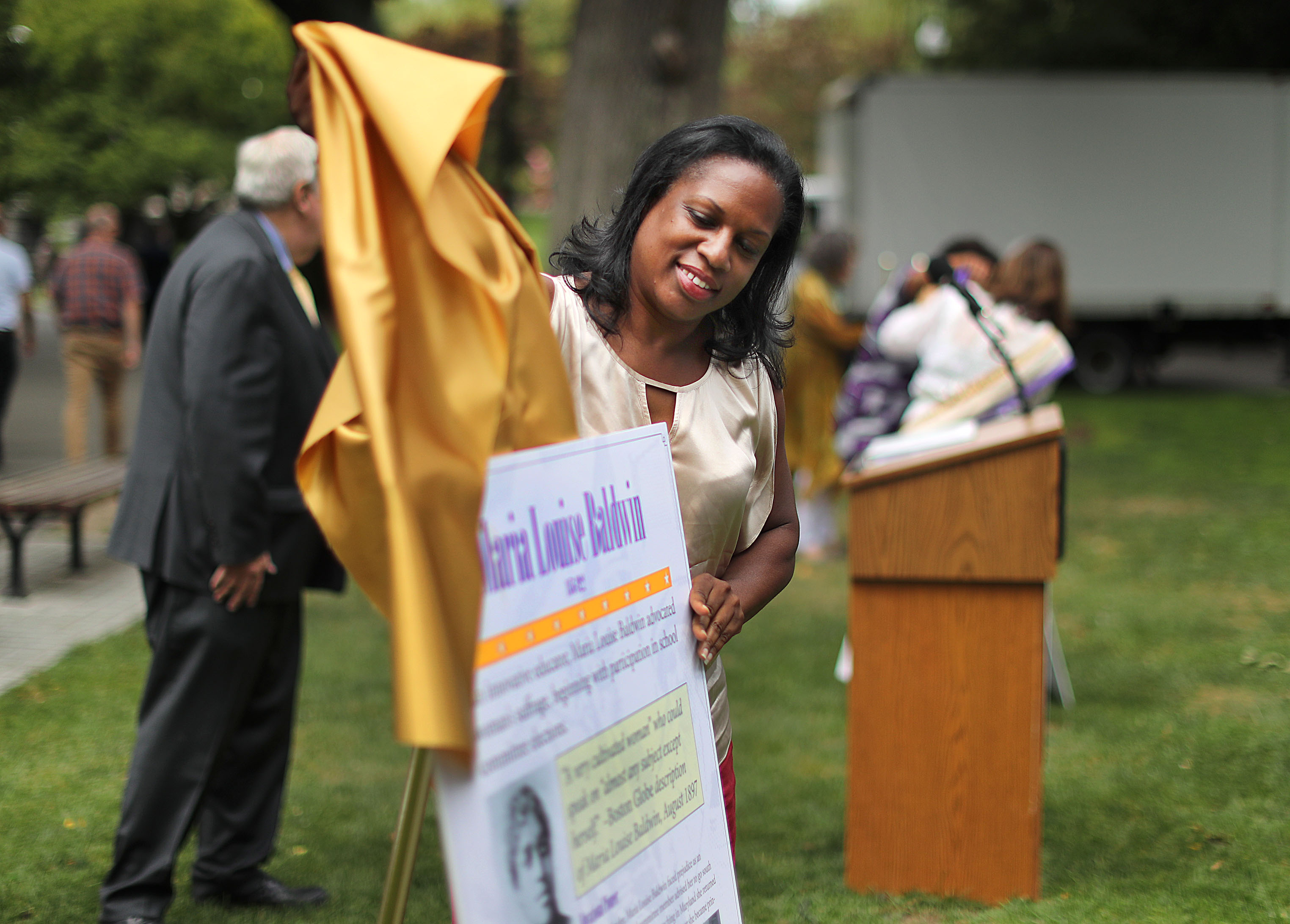 Katrina Huff-Larmond, the first woman of color to serve as town councilor in Randolph, unveiled a panel honoring African-American suffragate Maria Louis Baldwin.