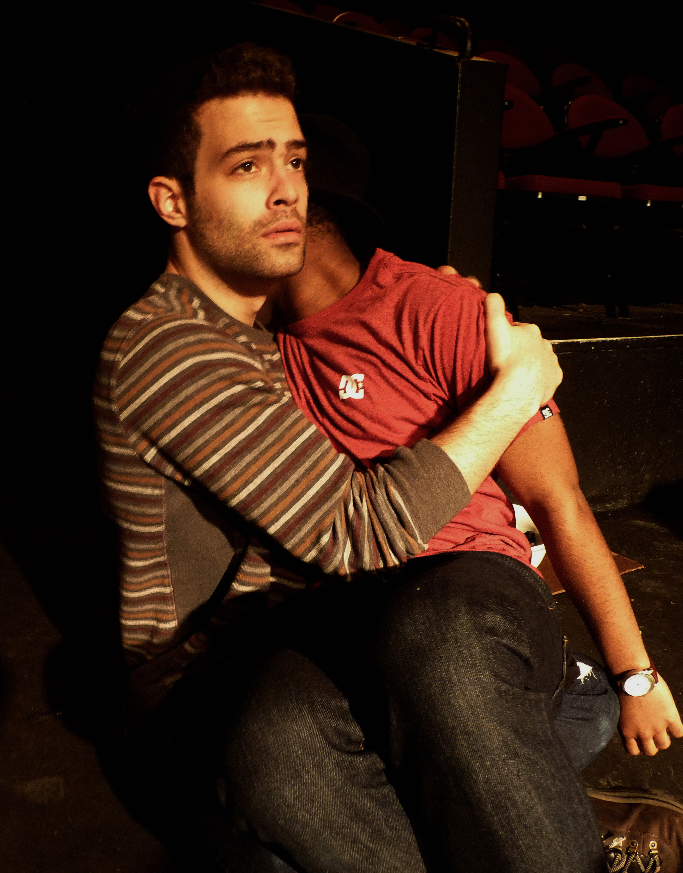Jesse Wood (as Actor 1/White Man) and Marc Pierre (as Actor 4/Another Black Man) in the production by ArtsEmerson and Company One Theatre.