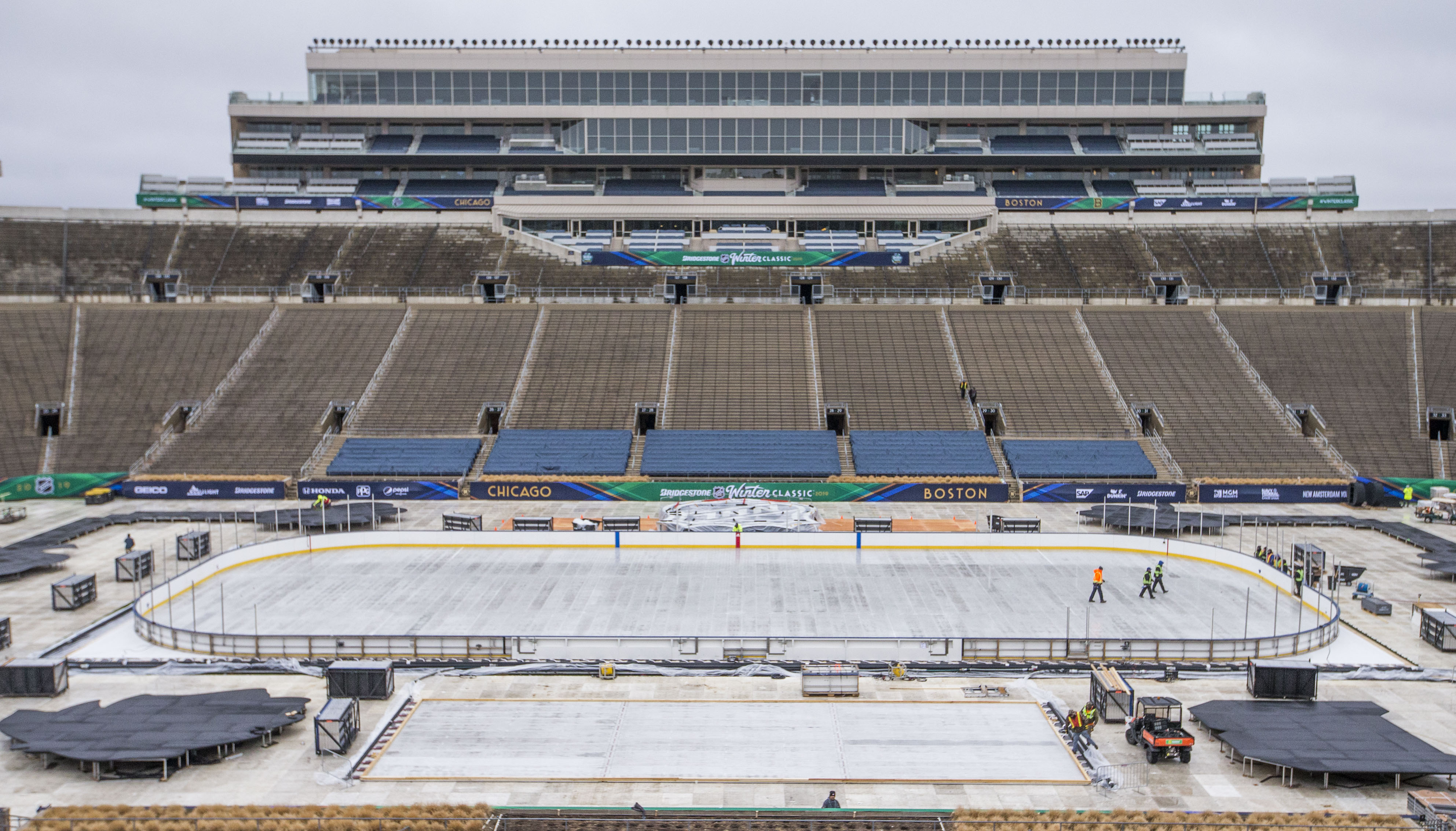 Notre Dame Stadium during the construction of the ice rink in December.