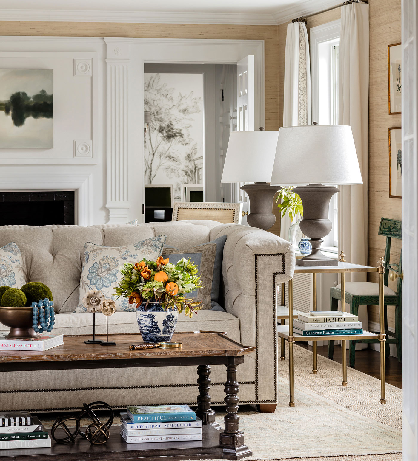 The Colefax and Fowler Casimir pillow fabric was the jumping-off point in the living room. The sofa is upholstered in family-friendly Schumacher performance linen.