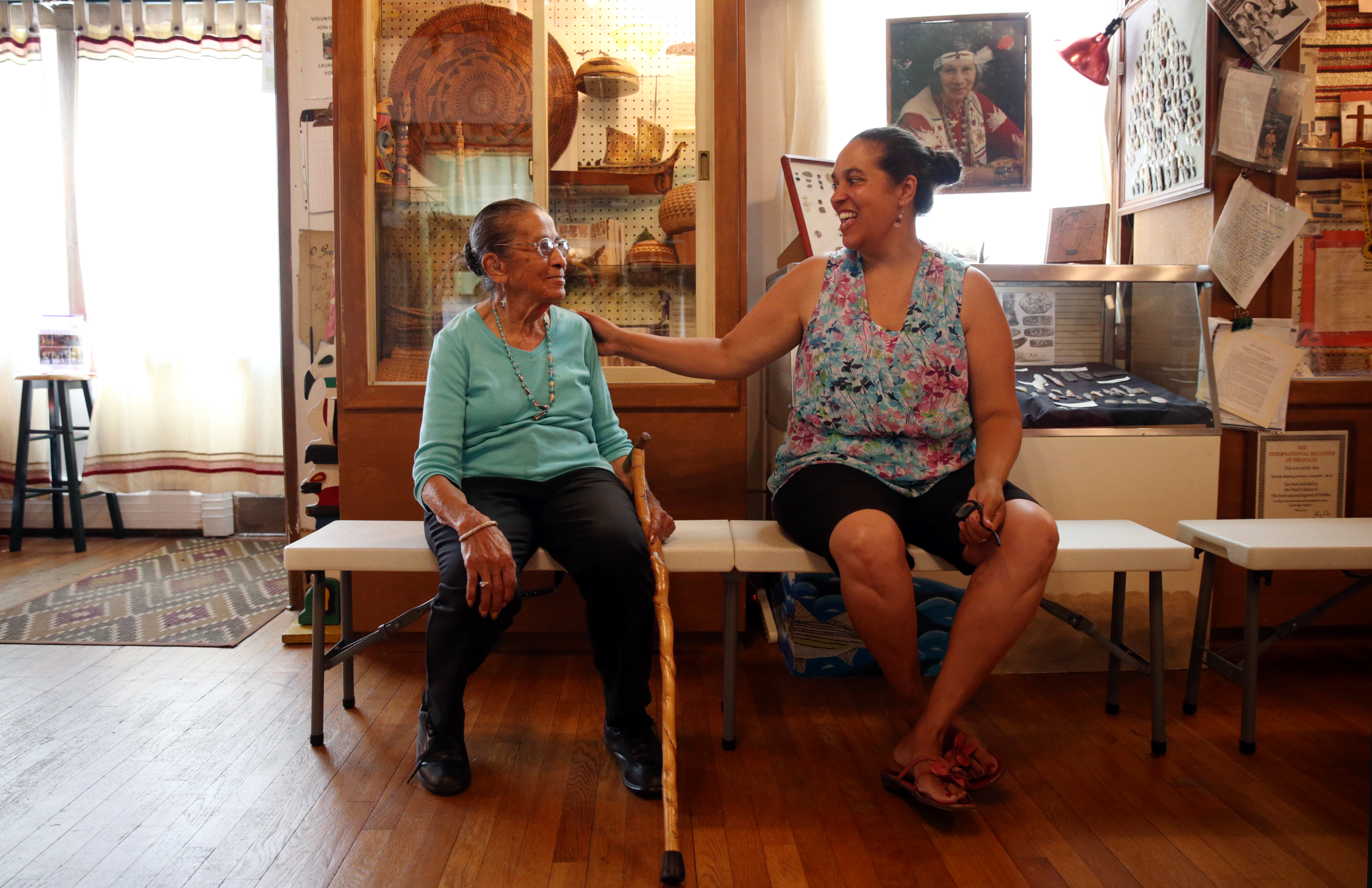 Eleanor Dove (left) shared a laugh with her granddaughter Lorén Spears at the Tomaquag Museum in Exeter, R.I.