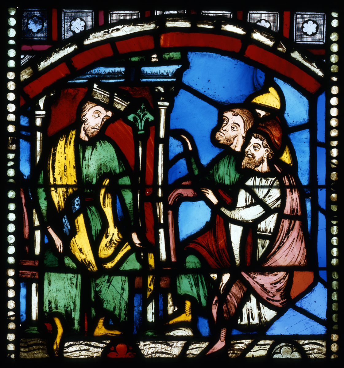 Stained glass depicting “Messengers from Ephesus before Emperor Theodosius II (Episode from the Legend of the Severn Sleepers of Ephesus.”