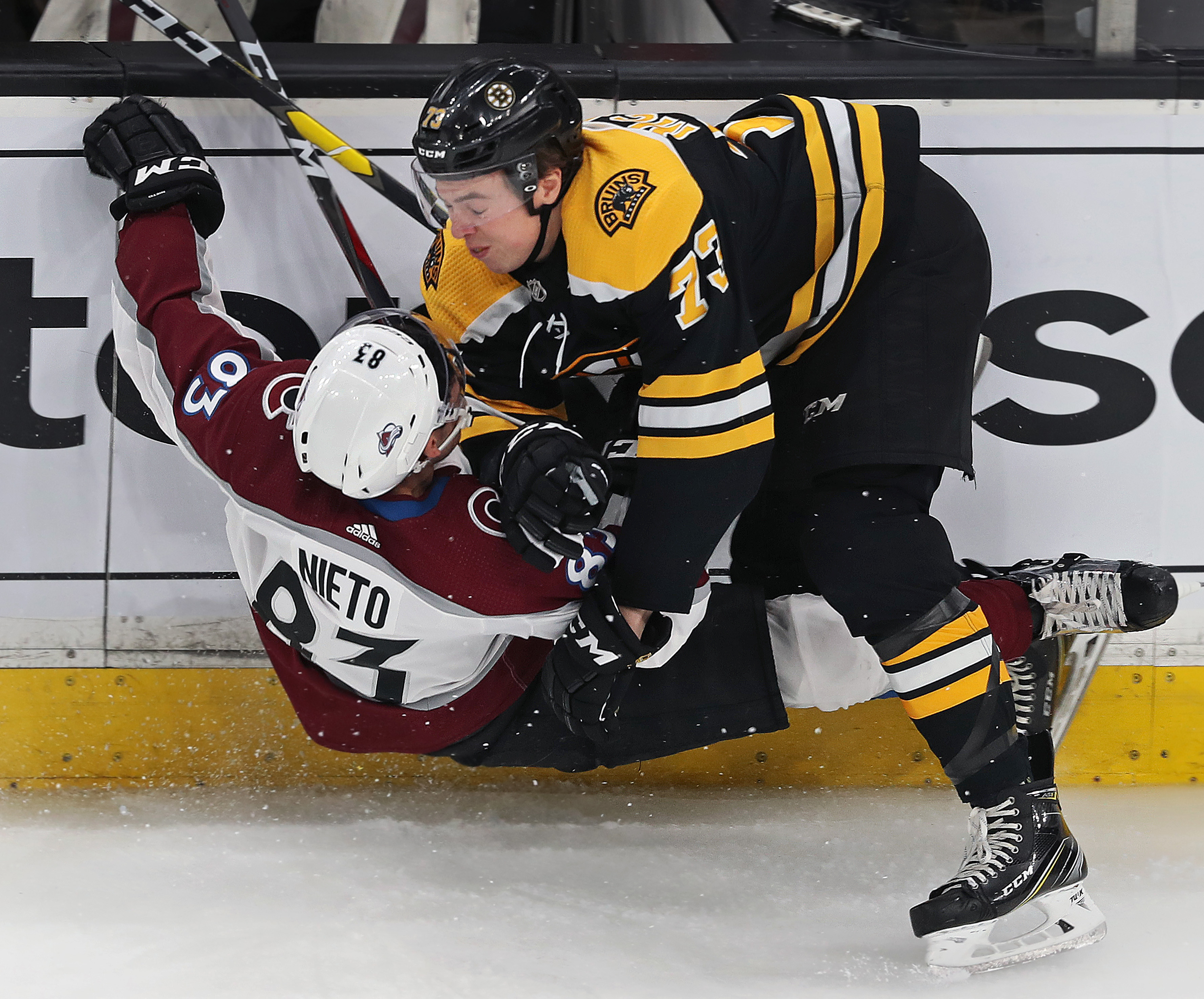 Bruins defenseman Charlie McAvoy decked Matt Nieto of the Avalanche in the second period.