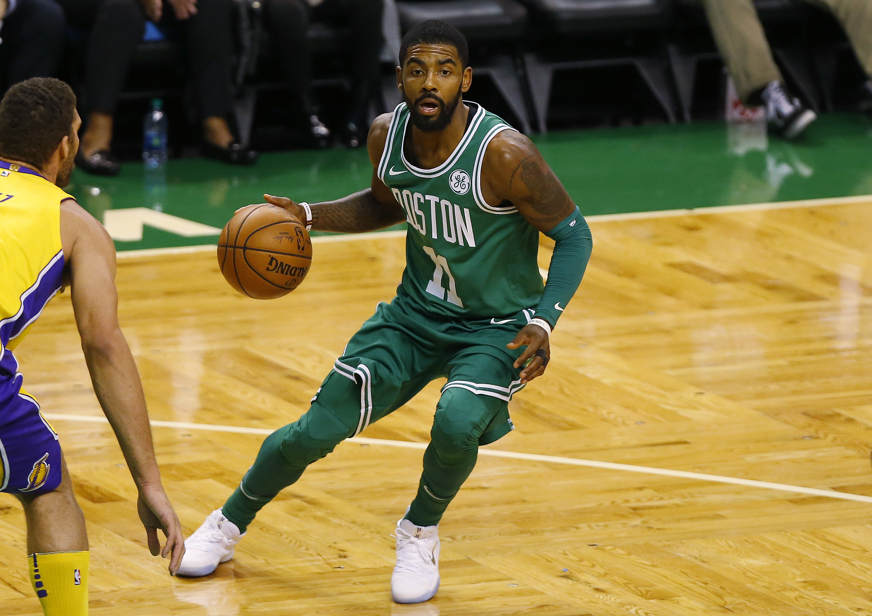 Kyrie Irving takes to the court for the Celtics.