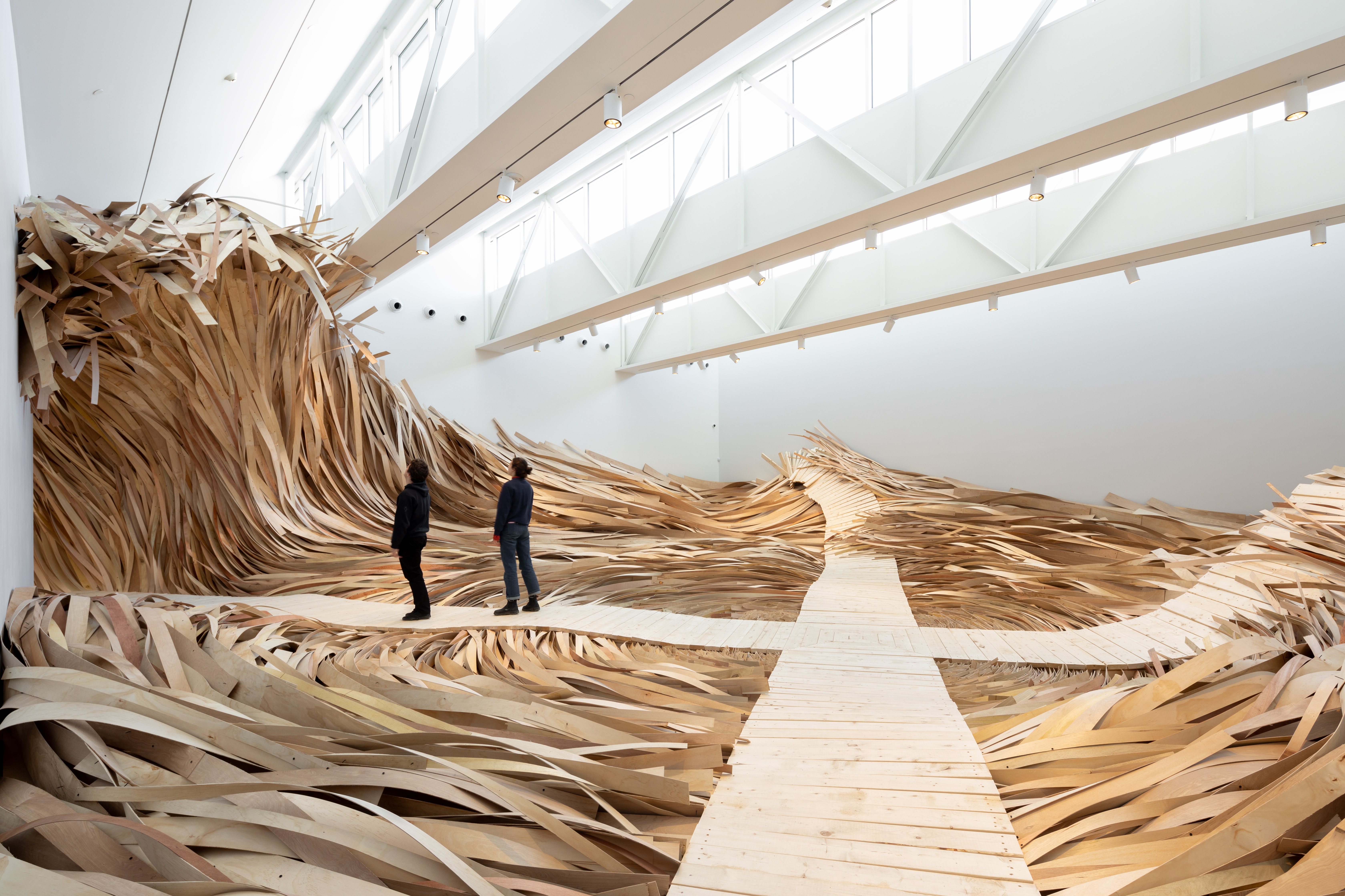 The installation includes a slim boardwalk atop a raging sea of wood.
