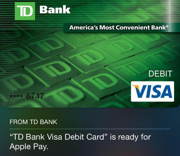 TD Bank launched Apple Pay, which allows consumers to make purchases using a mobile phone, in mid-December.