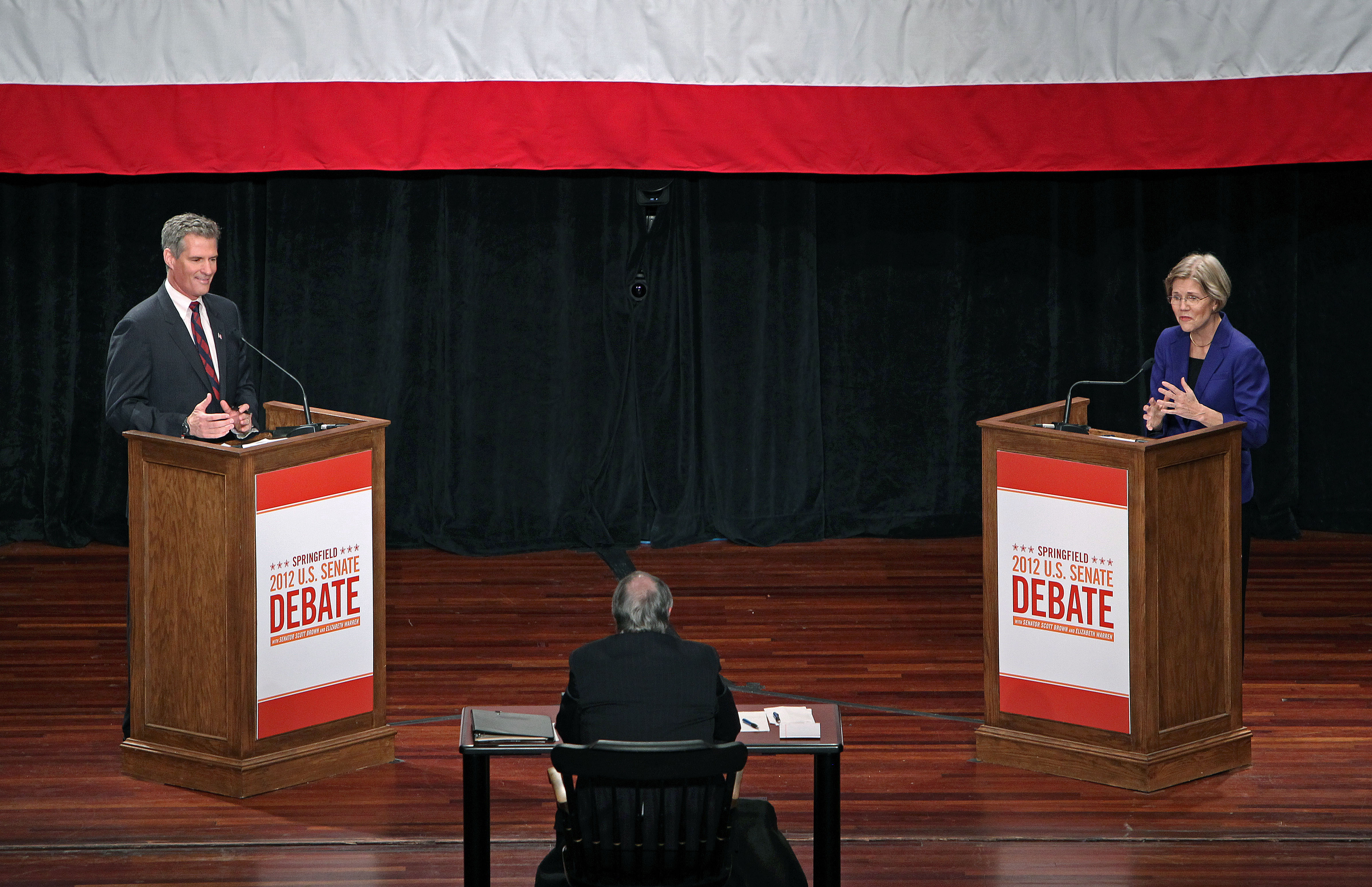 Though the candidate debates of her political career bear little resemblance to her high school debates, Warren continues to use the lessons she learned. Above, a 2012 debate with Senator Scott Brown.