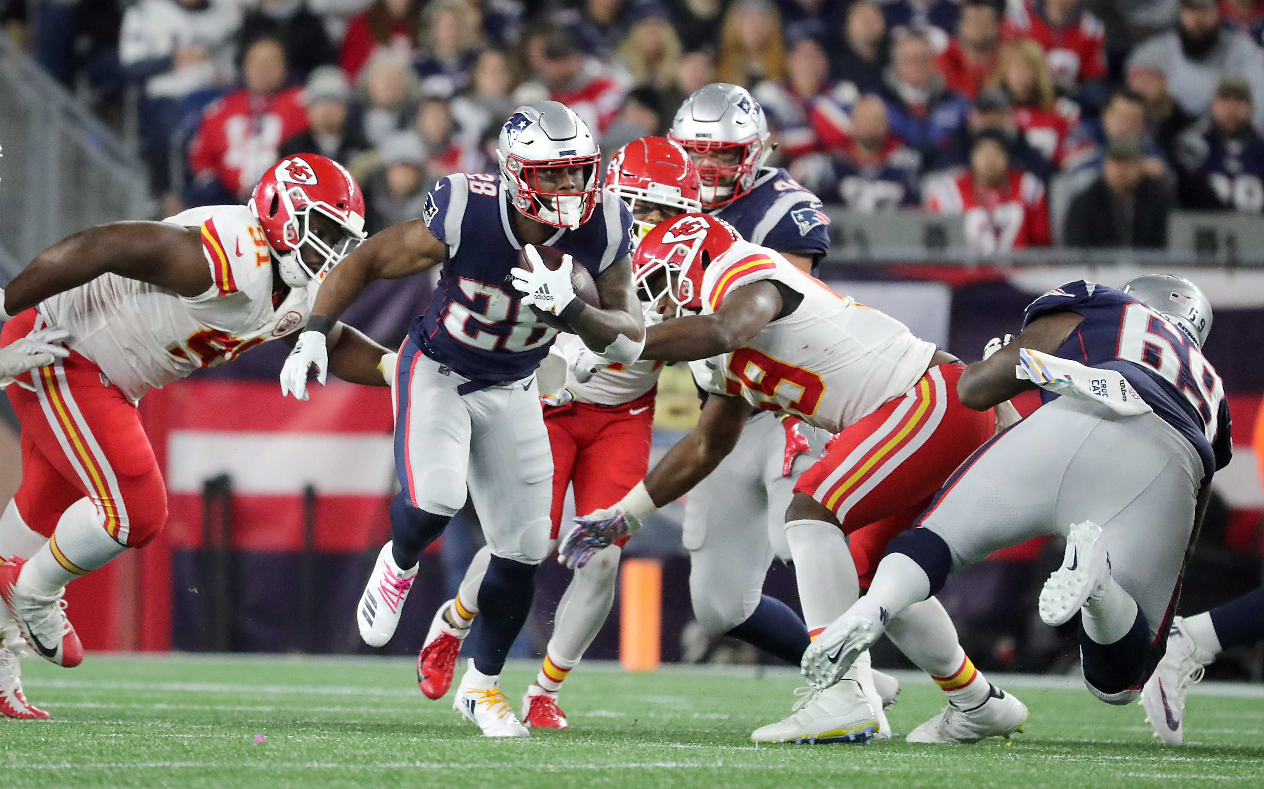 James White (28) finished with 11 touches for 92 yards.