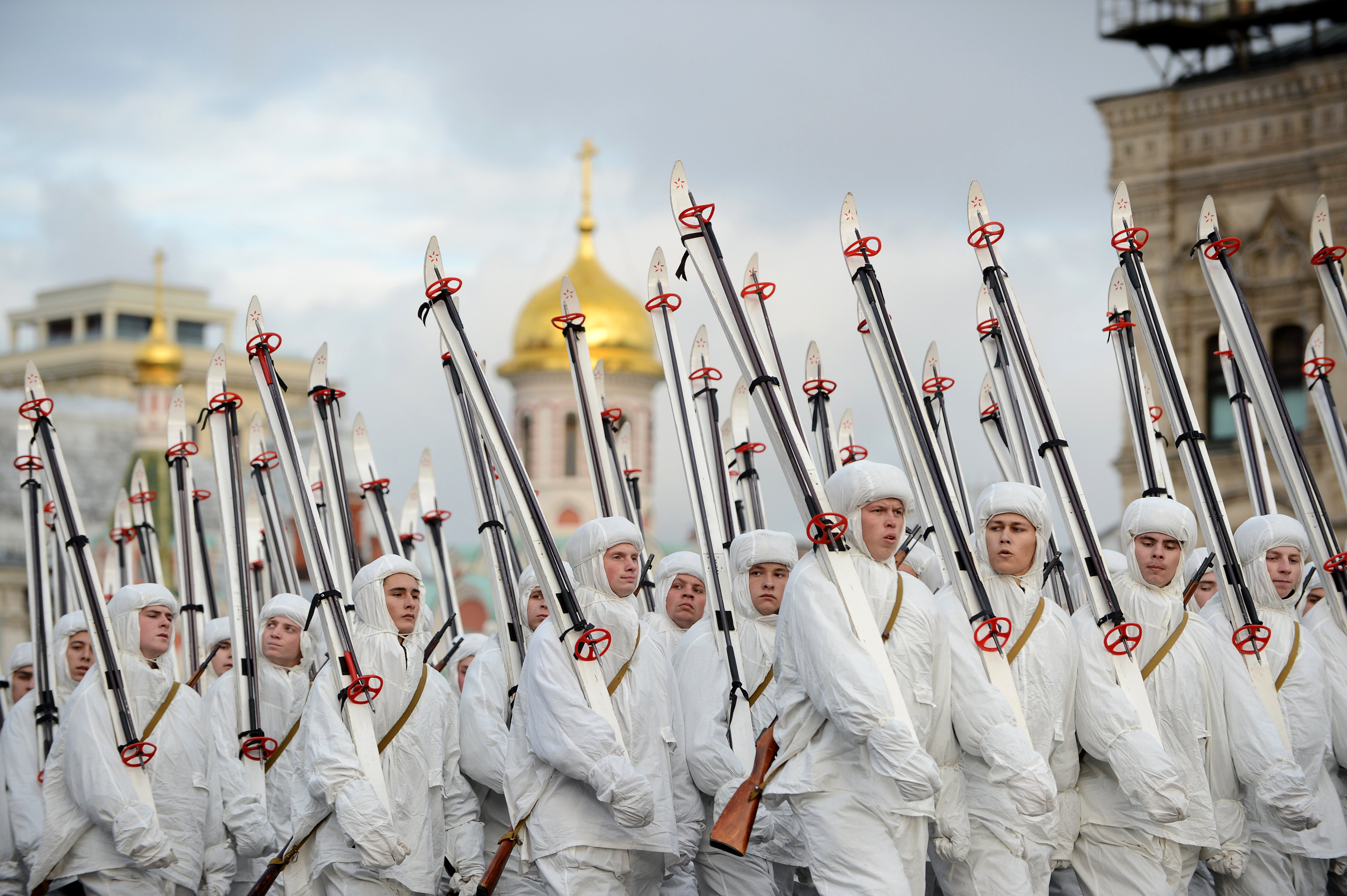 Russian soldiers in WWII military uniforms rehearse for a parade in Moscow in 2012.