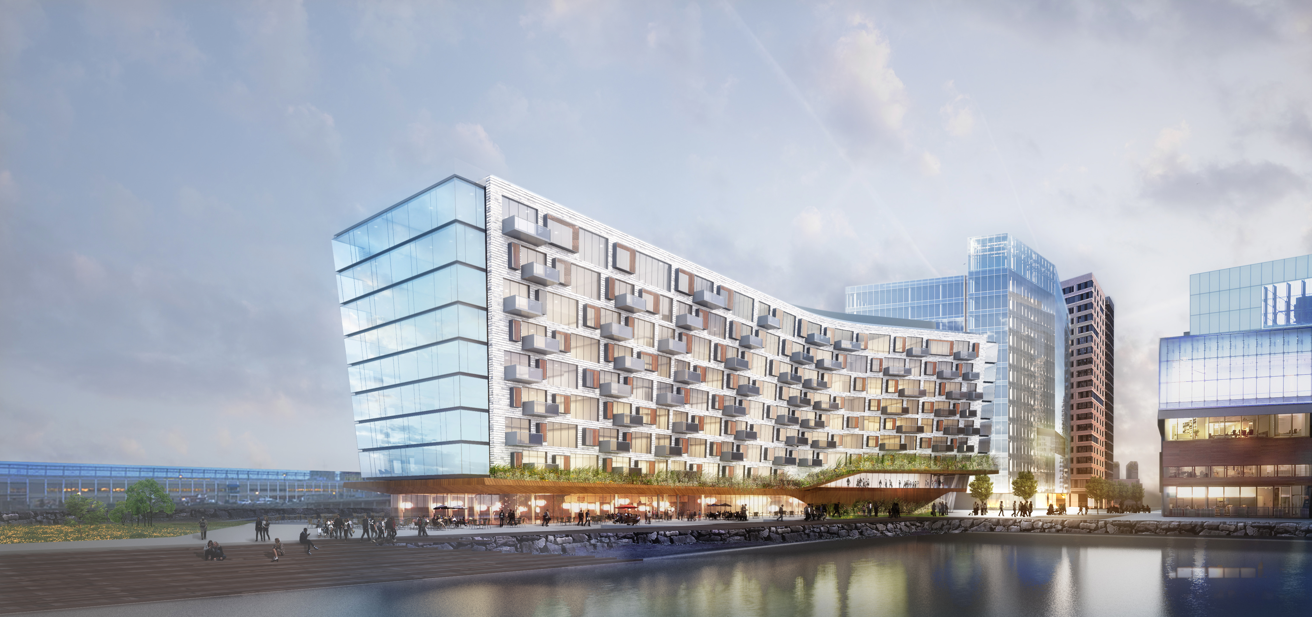 An architect’s rendering shows the condo building that would replace the aged Anthony’s Pier 4 structures.