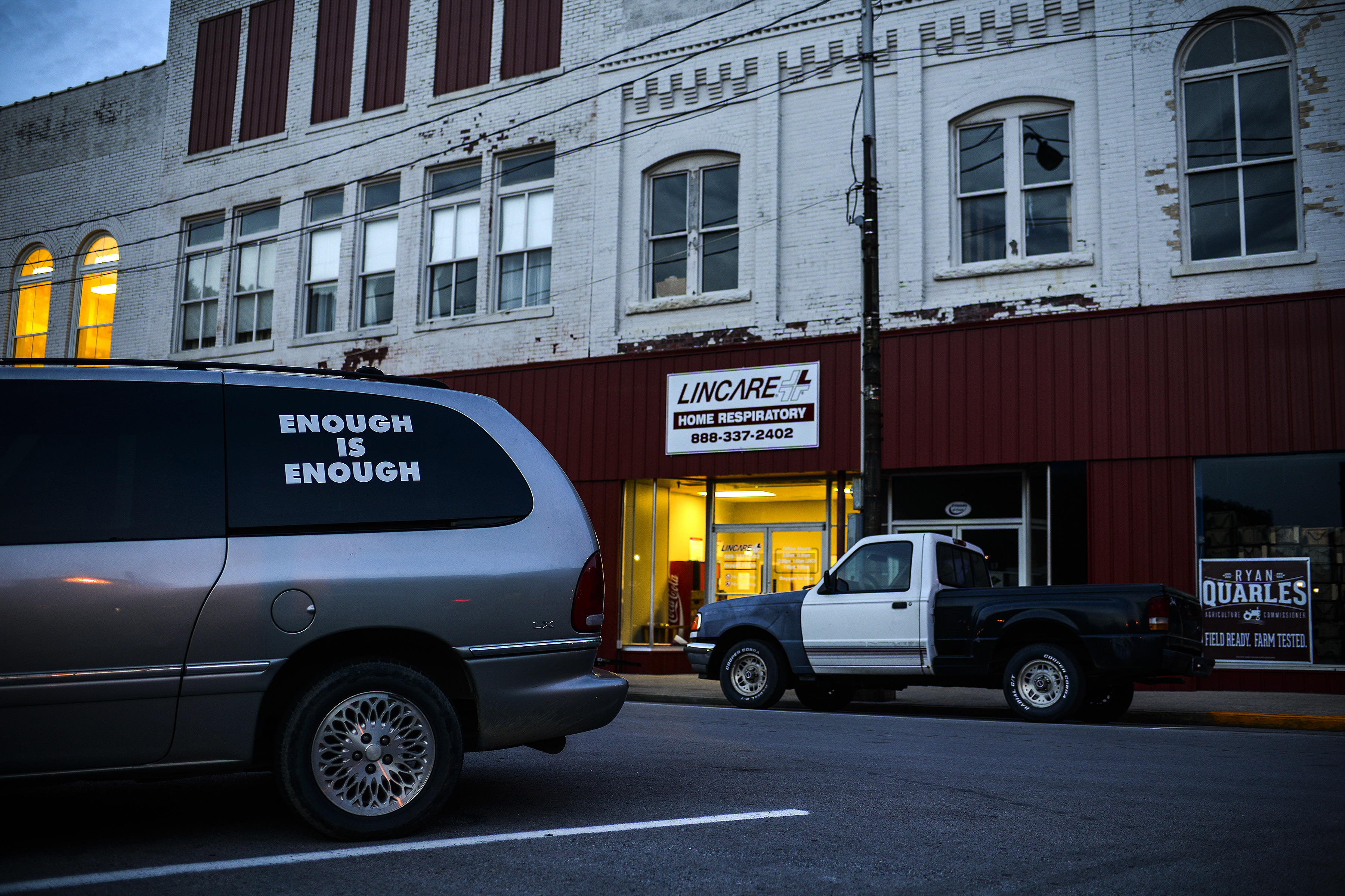 A van with the words “Enough is Enough,” the slogan of an antidrug program, was parked in downtown Pineville.