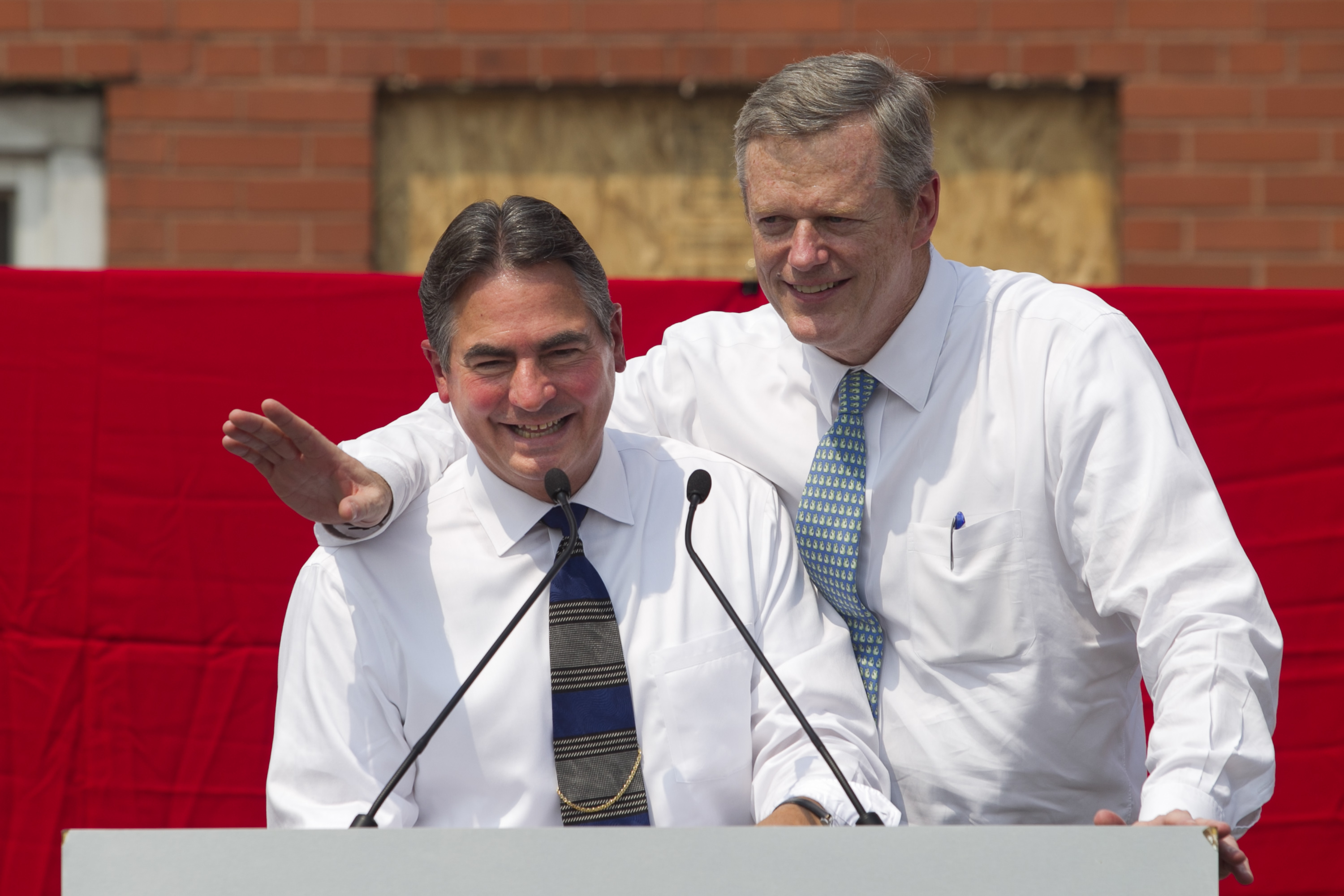 Governor Charlie Baker (right) and Springfield Mayor Domenic Sarno shared a laugh at Thursday’s ceremony.