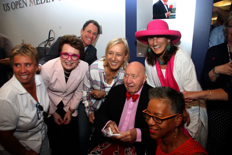 Bud Collins surrounded by (from left) Rosie Casals, Billie Jean King, Ken Solomon, Martina Navratilova, his wife Anita Ruthling Klaussen, and president of USTA Katrina Adams.
