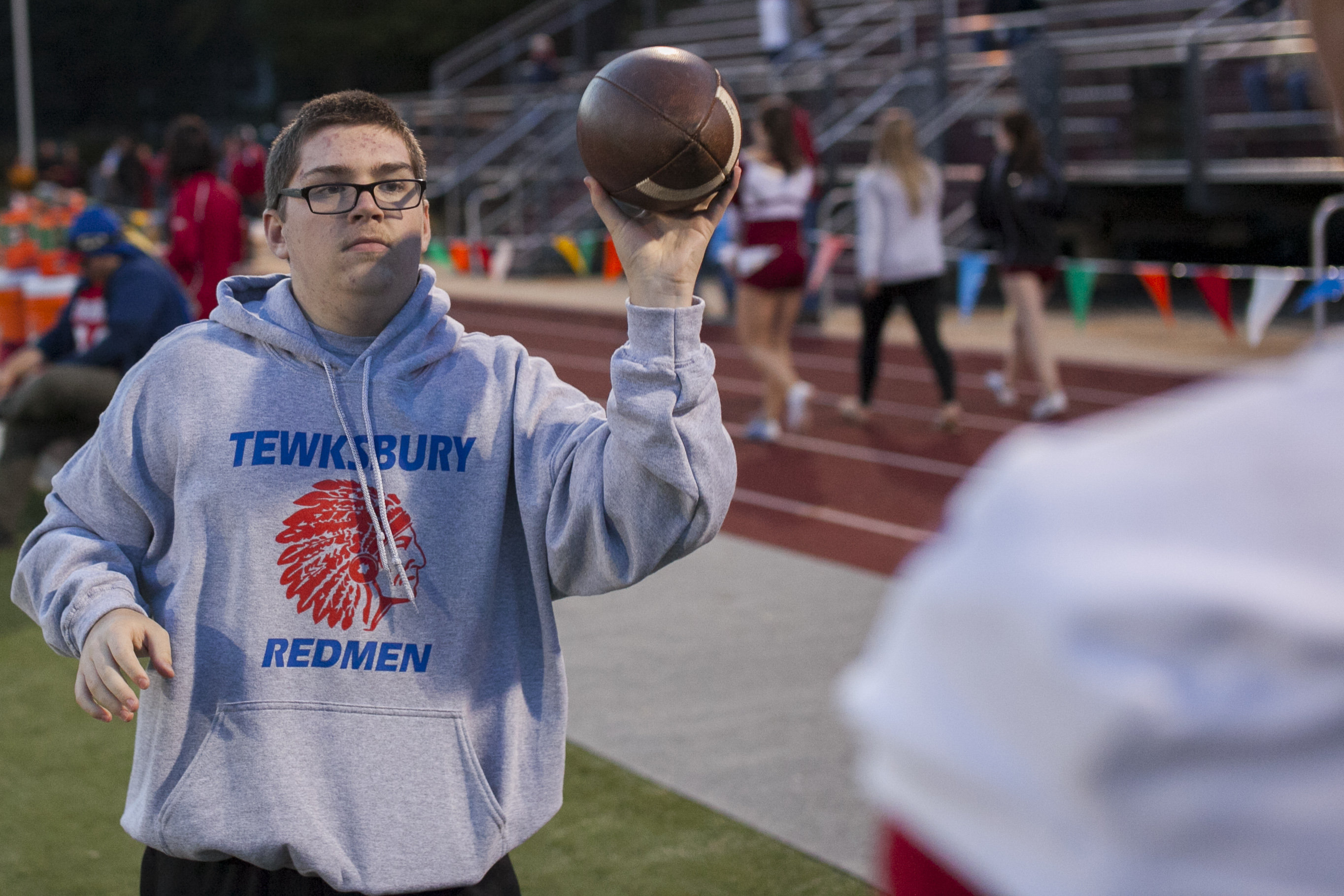 Sophomore Colin McNaught wore a Tewksbury Redmen sweat shirt in September. Objections to the Redmen name were aired at a School Committee meeting in December.