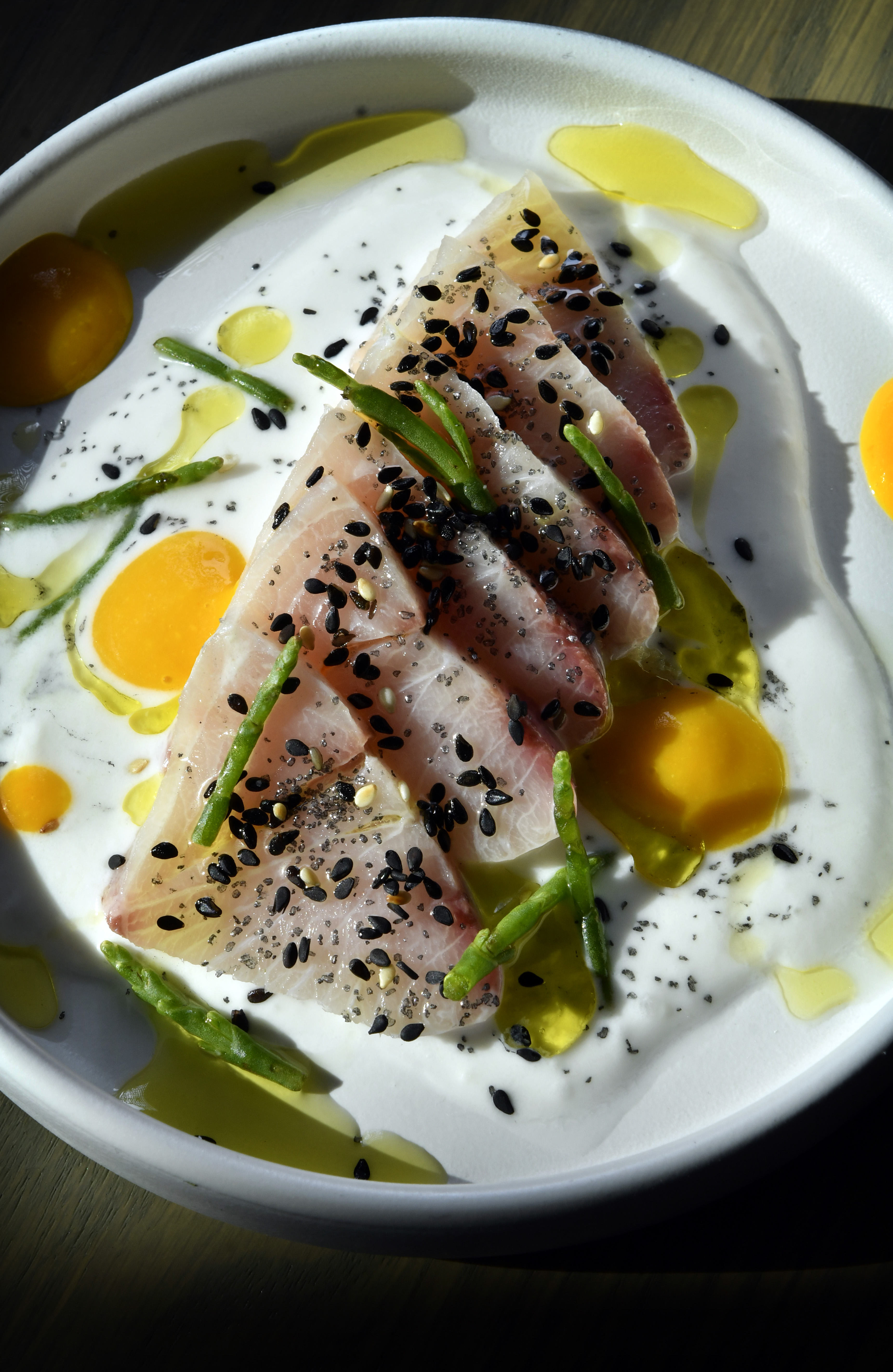 Hamachi crudo in leche de tigre at the Wellington in Belmont.