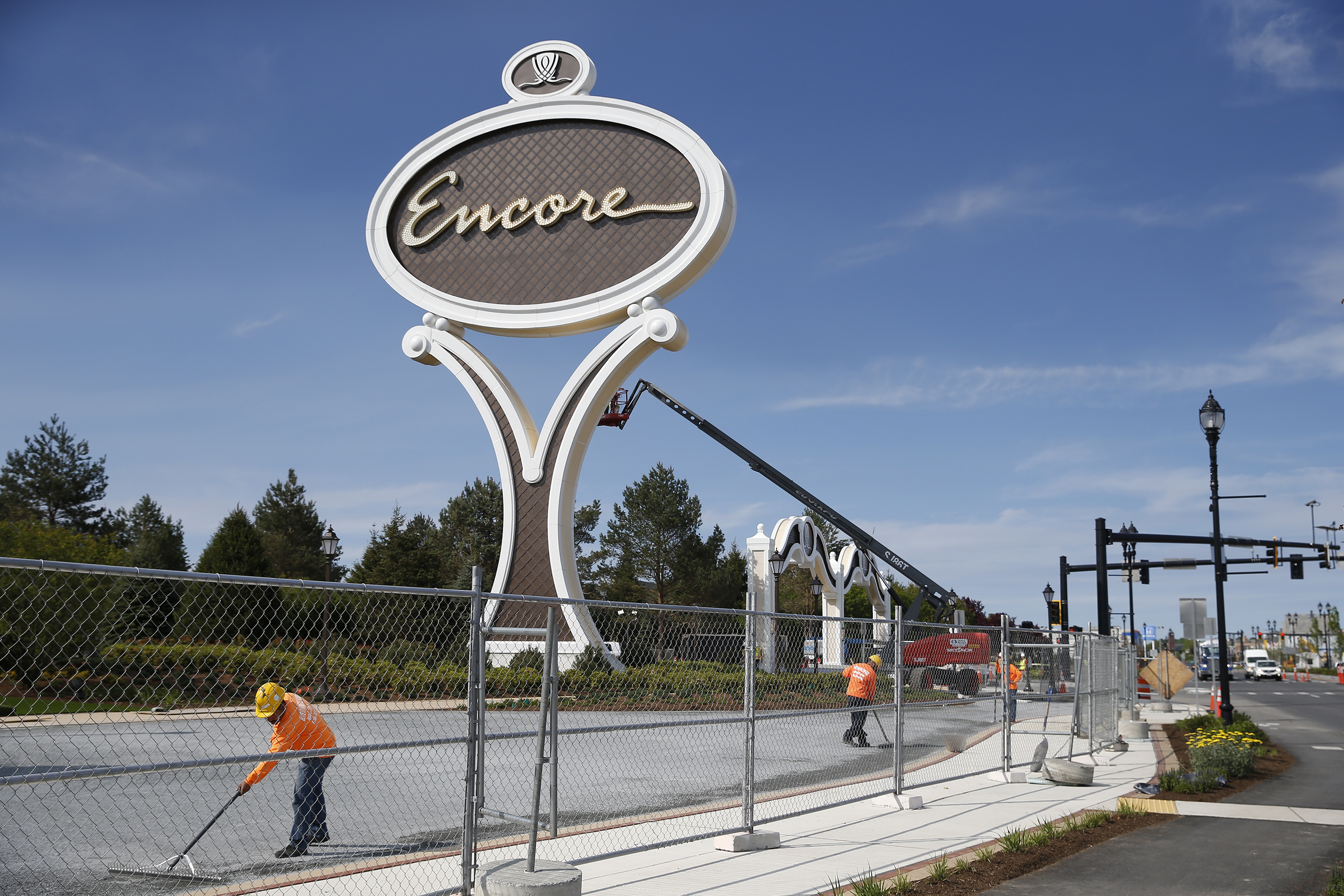 Work is underway outside of the new Encore Boston Harbor casino.