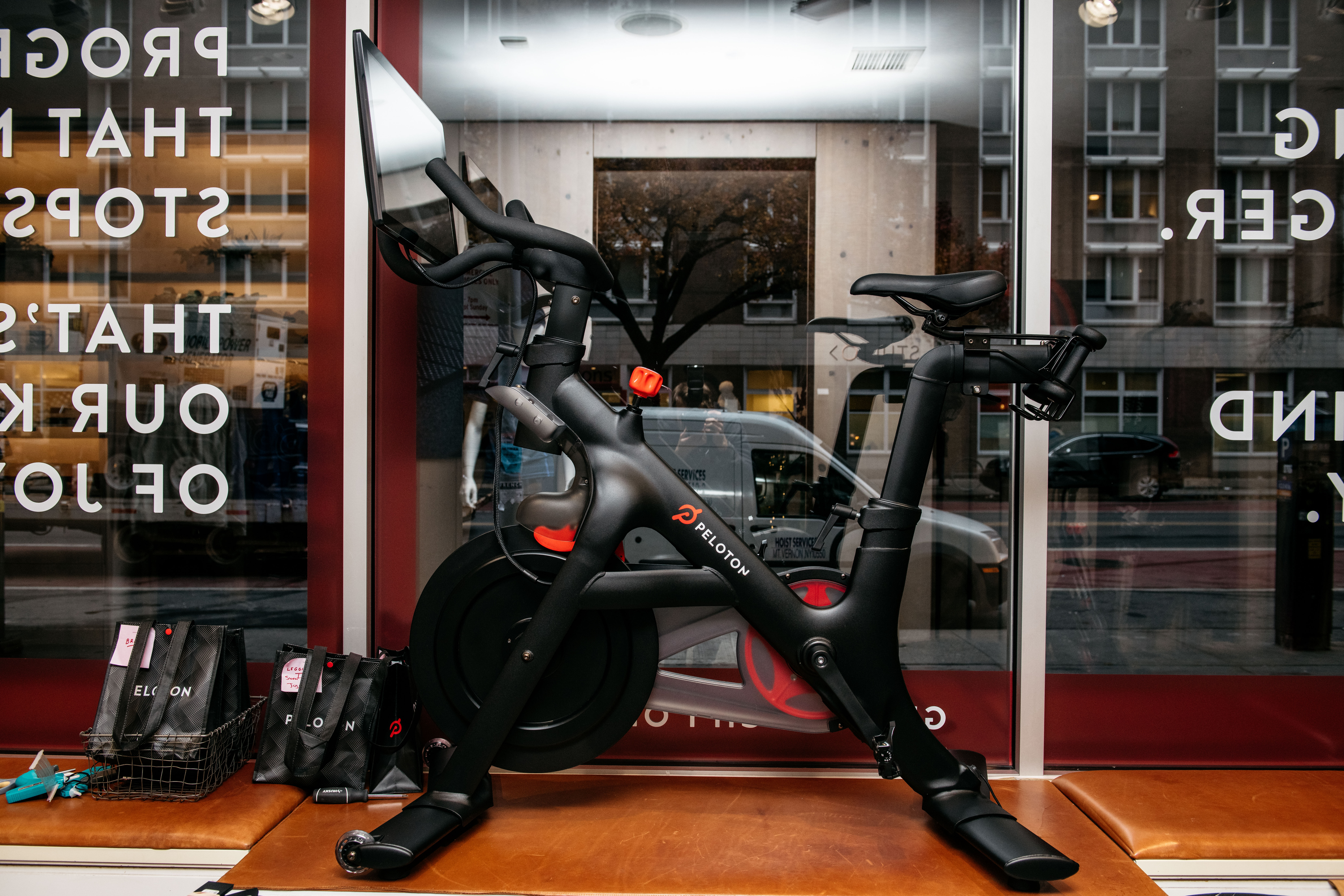 A Peloton stationary bike sits on display at one of the fitness company's studios on Dec. 4, 2019 in New York City.
