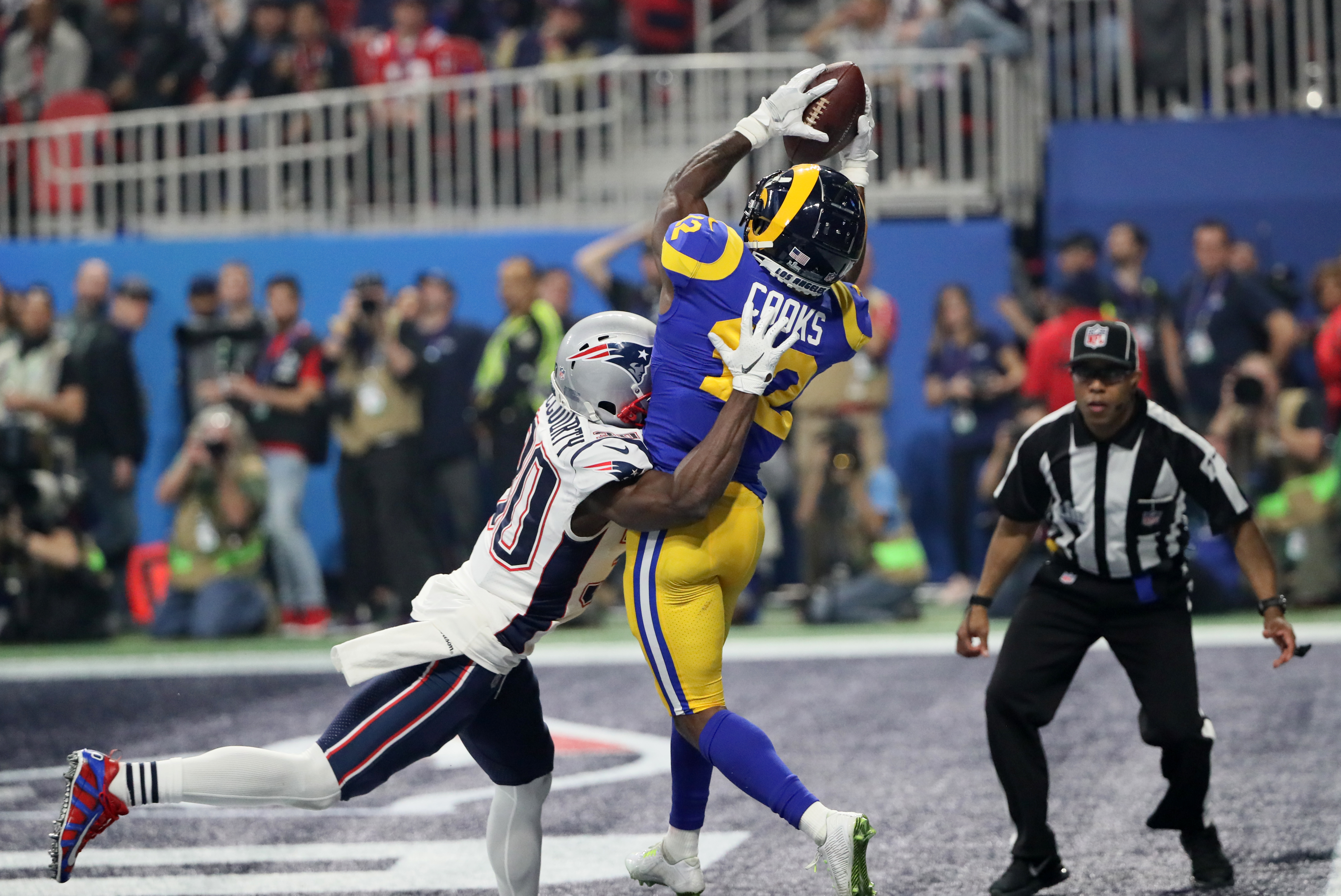 Jason McCourty broke up this pass intended for Rams receiver Brandin Cooks in the end zone during the third quarter of Super Bowl LIII.