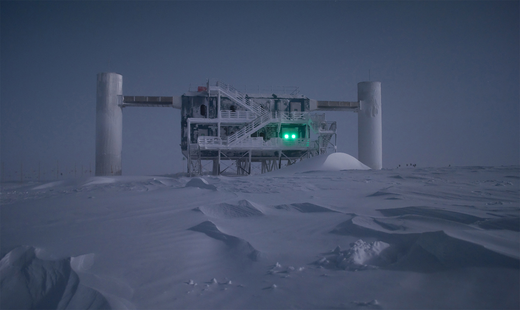 The IceCube lab is illuminated by moonlight in an undated photo.
