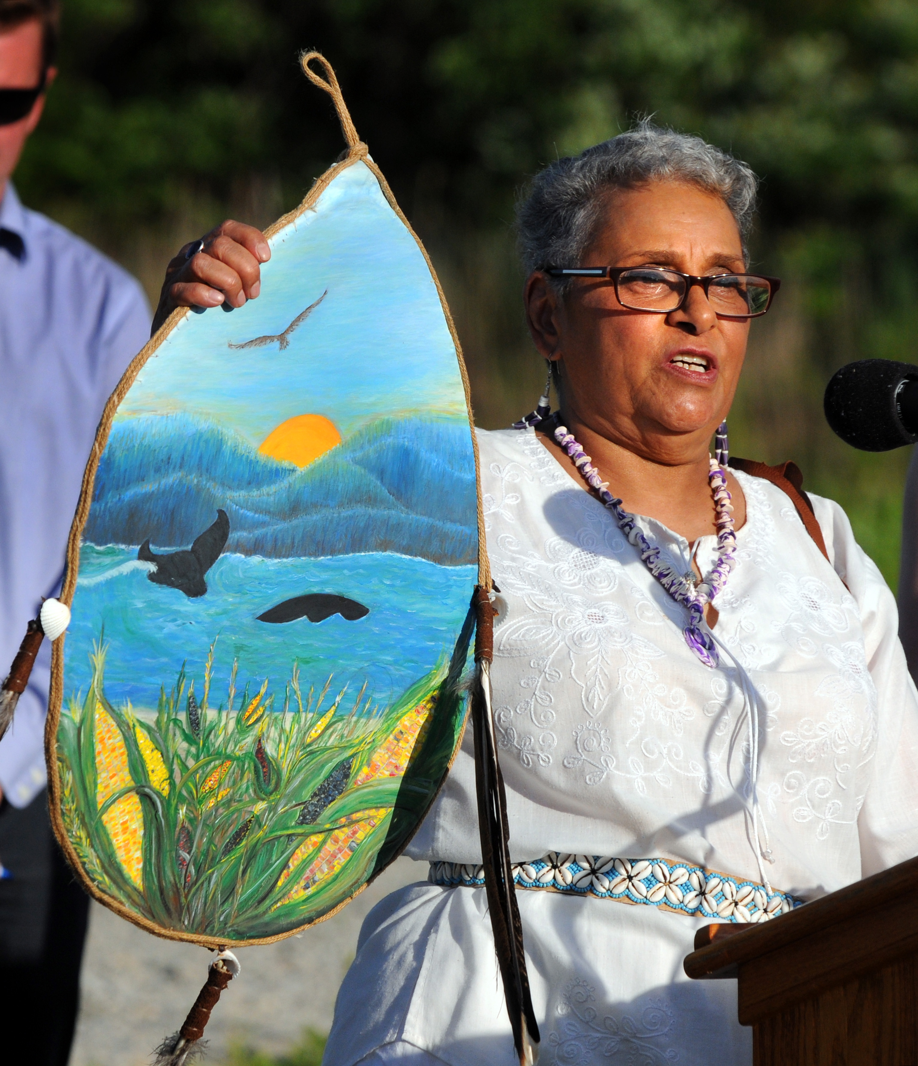 Ren Green, sachem for the Massachusett tribe, presented a medicine shield during the dedication of Passanageset Park at Broad Meadows last month.