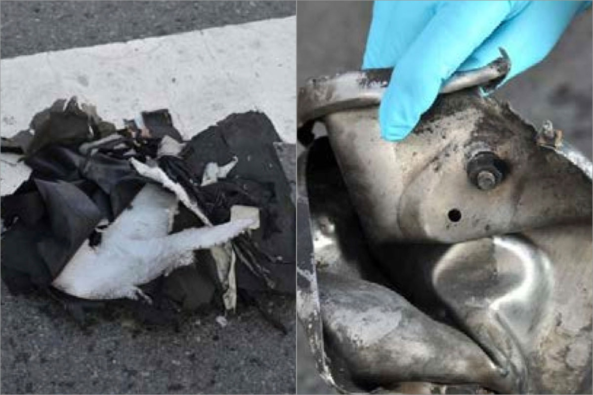 At left, the remains of a backpack the FBI says contained one bomb, and at right, the remains of a pressure cooker that the FBI says was part of one of the bombs.