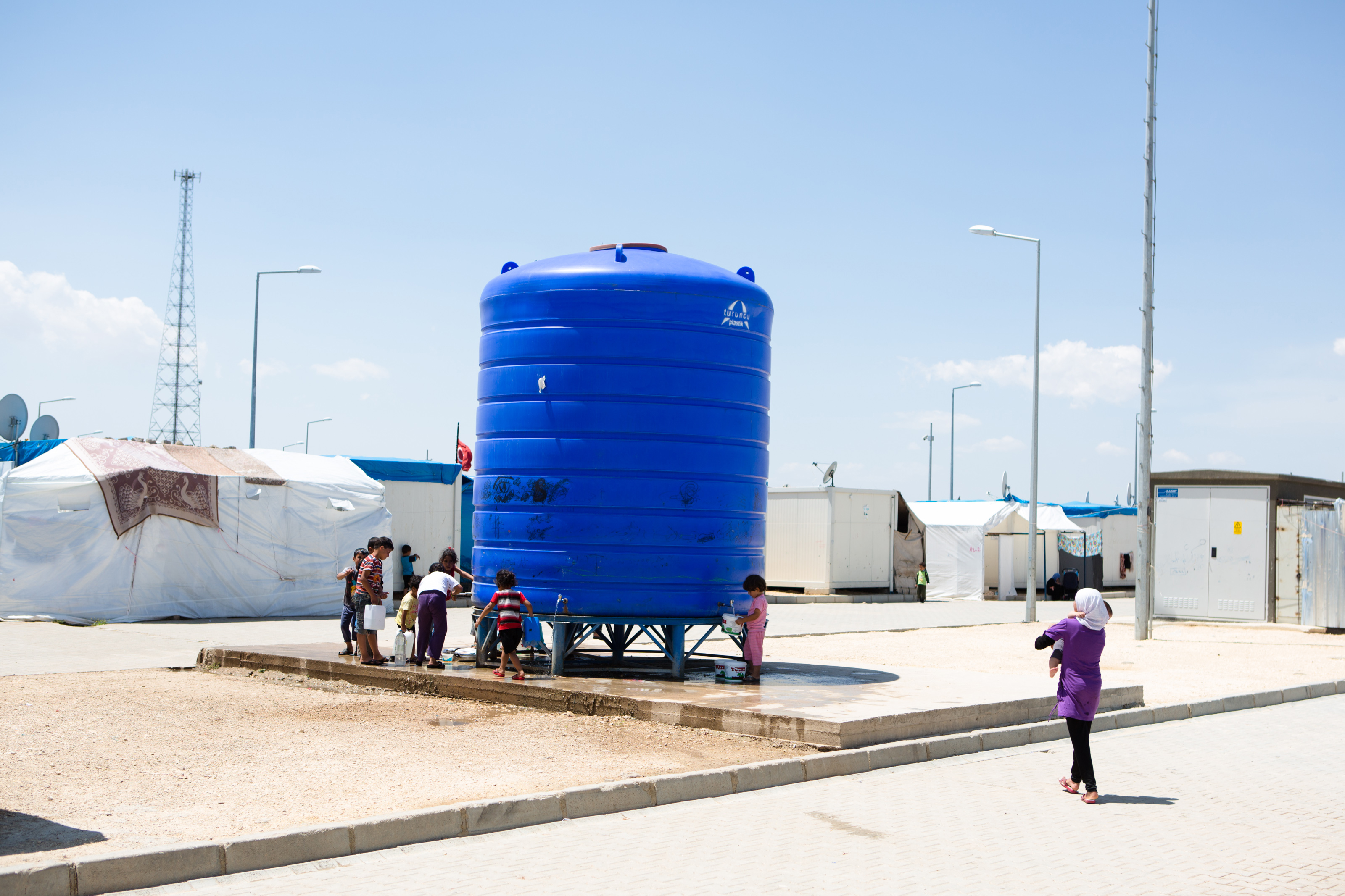A drinking water tank in the refugee camp nicknamed Container City in Oncupinar, Turkey.
