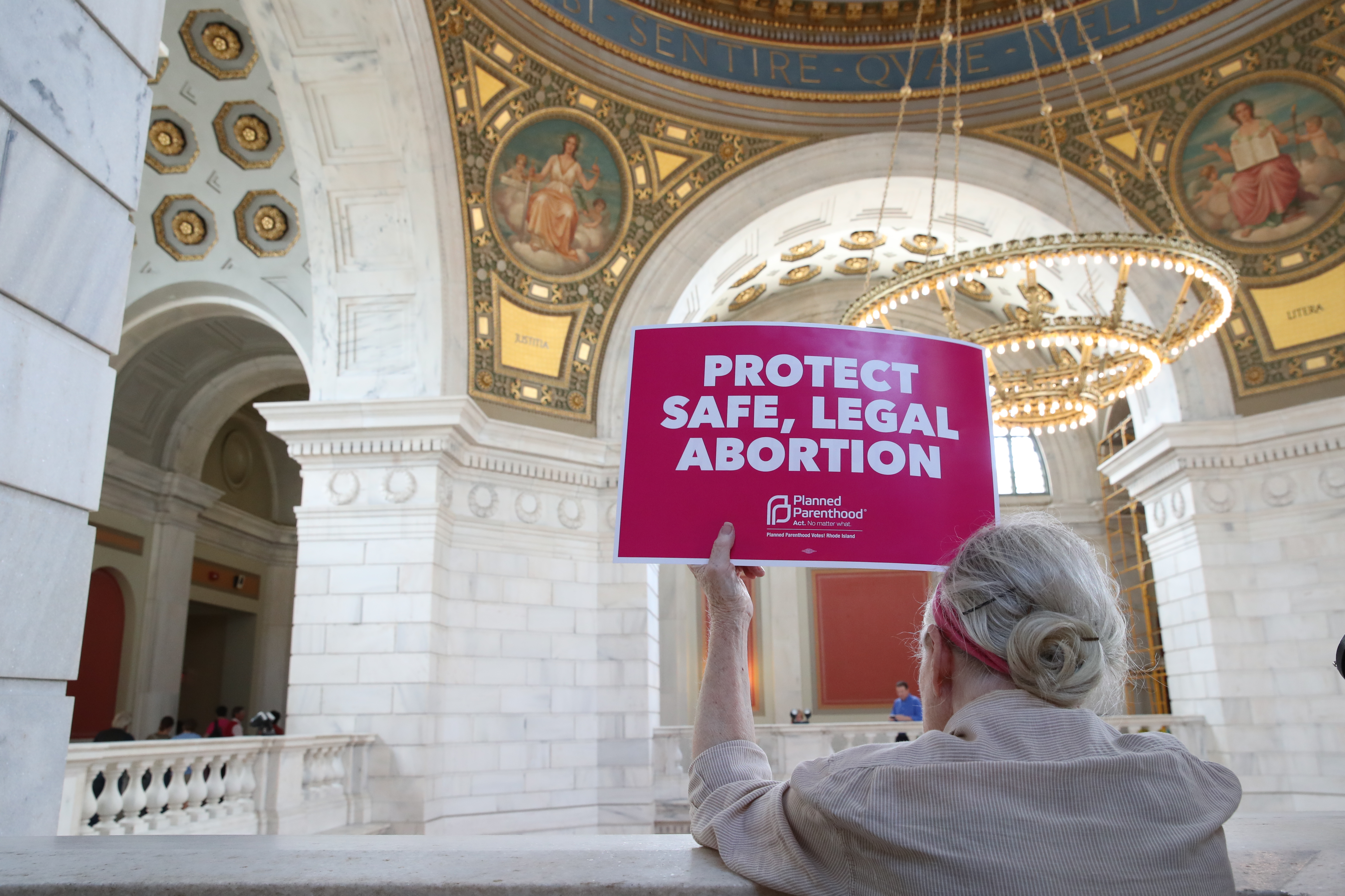 A protestor in the Rhode Island State House on Tuesday.