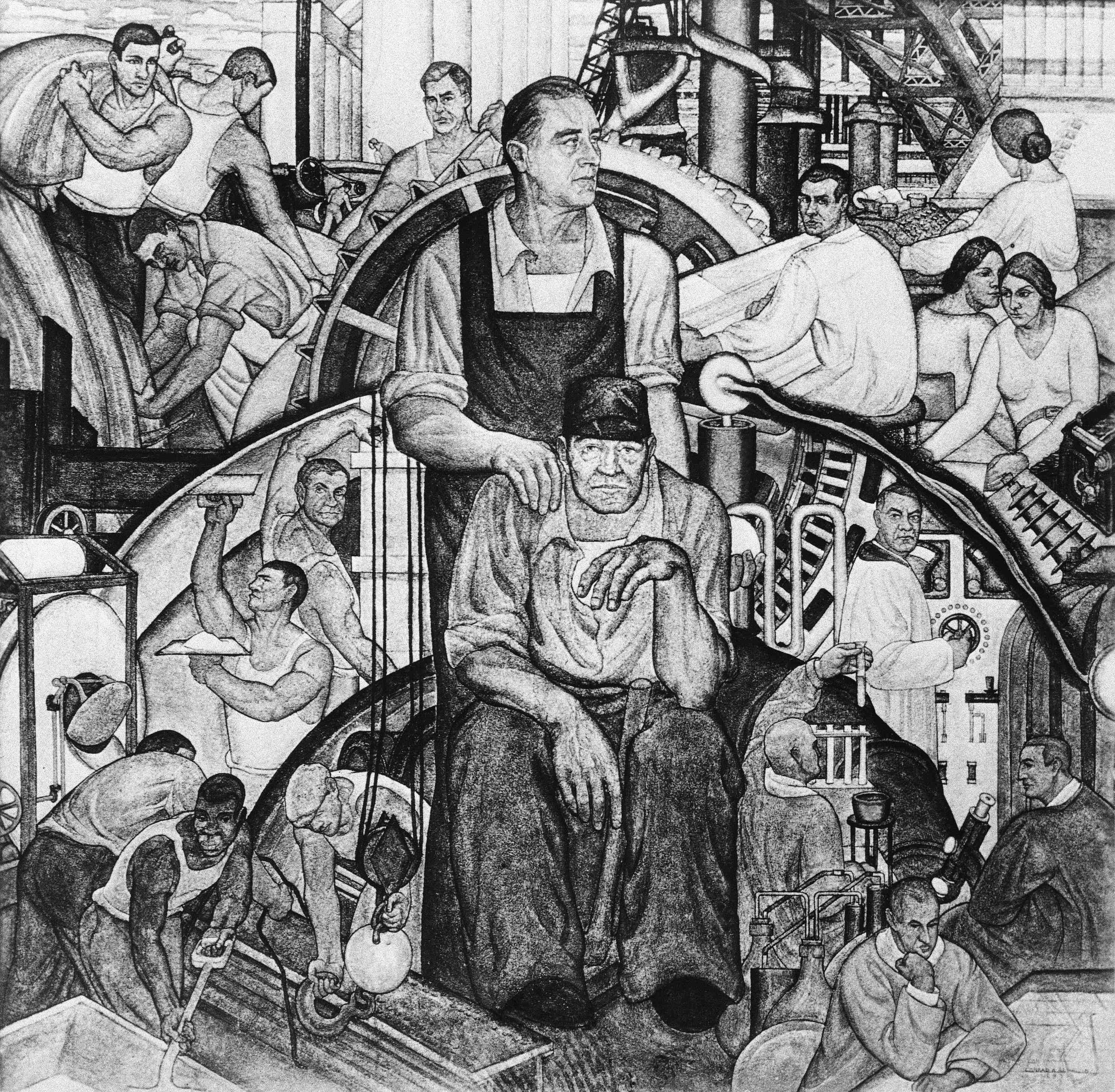 A detail of a mural fresco titled “The New Deal” on display in New York City.