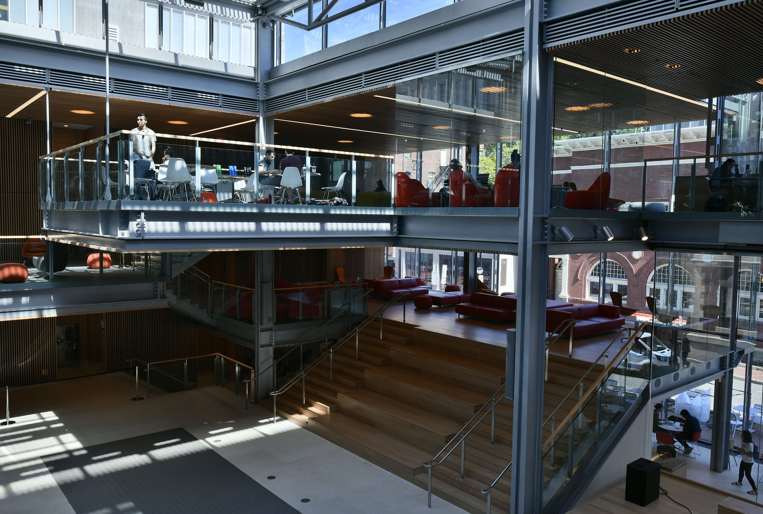 A cantilevered seating area is part of the former Holyoke Center at Harvard.