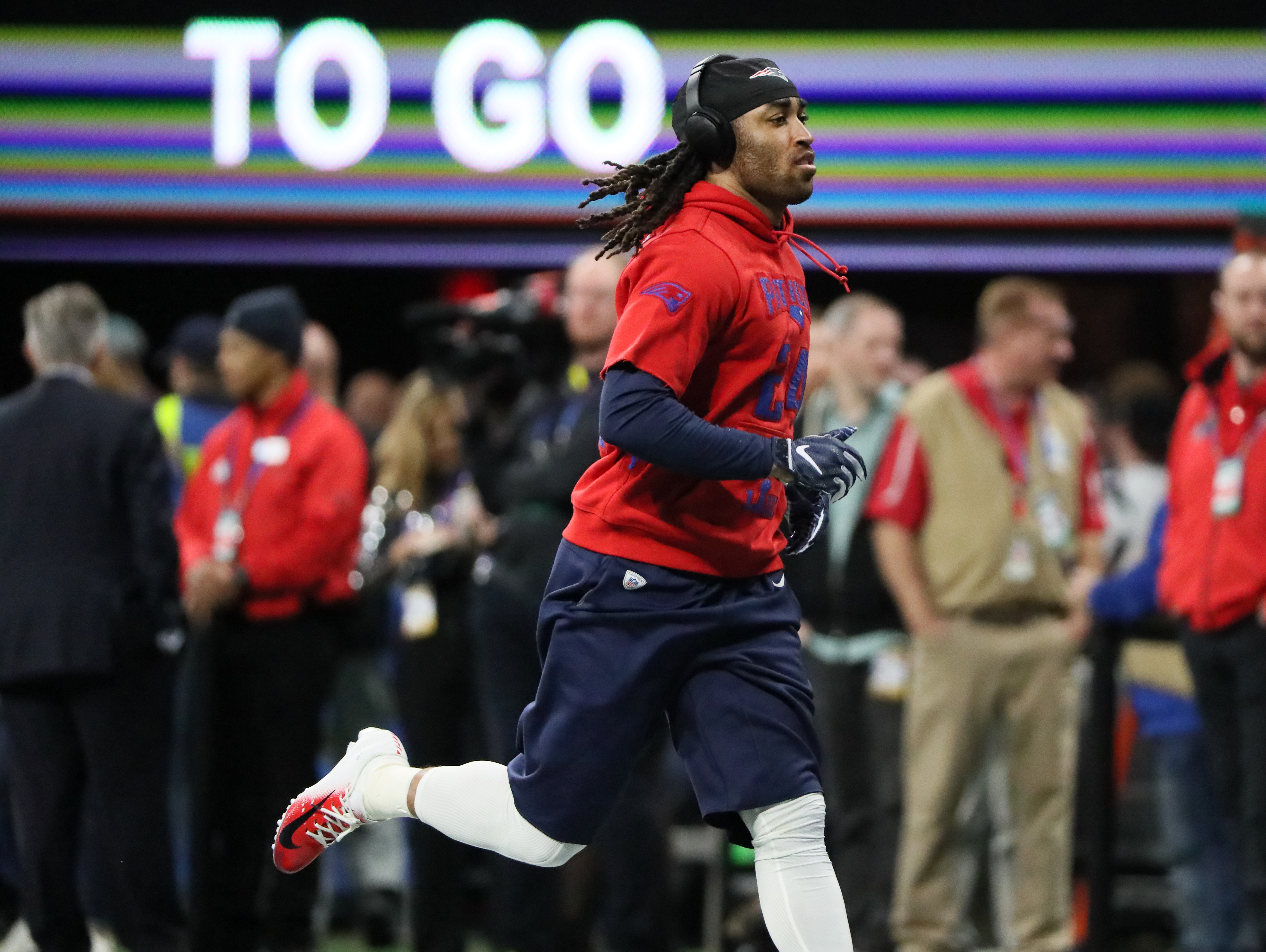 Cornerback Stephon Gilmore warmed up on the field before the game.