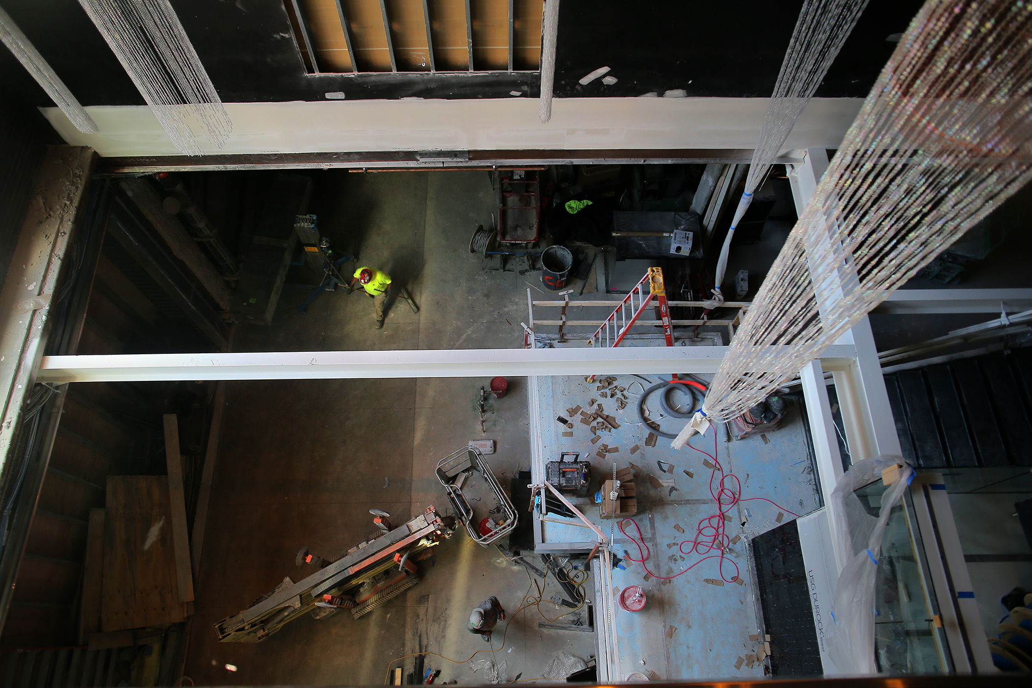 The new Banners Kitchen & Tap restaurant has multiple levels. Pictured: Workers in mid-September.