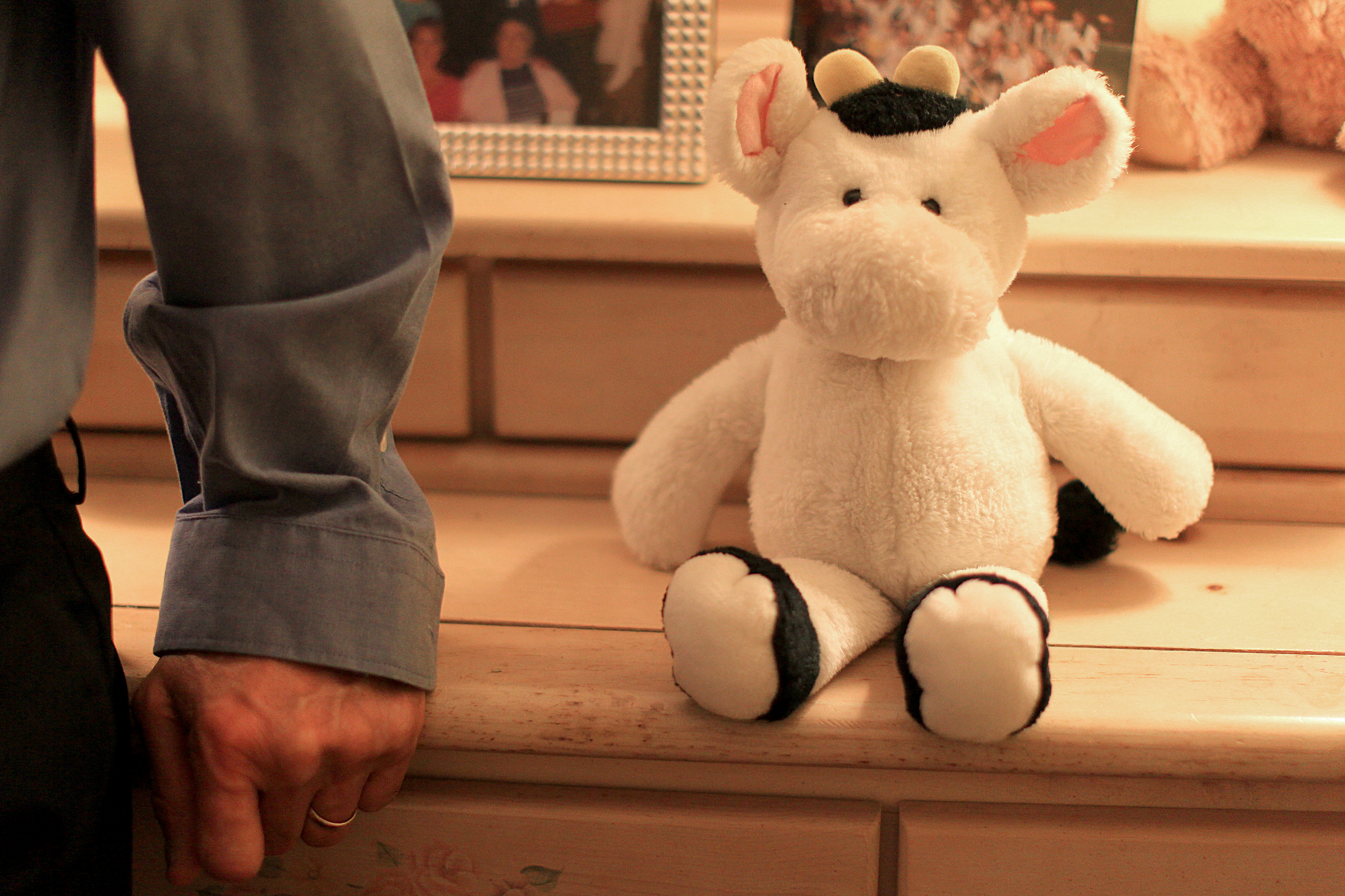 This is the first stuffed animal the Siracusas' daughter ever received -- in her bedroom with her father standing next to it.
