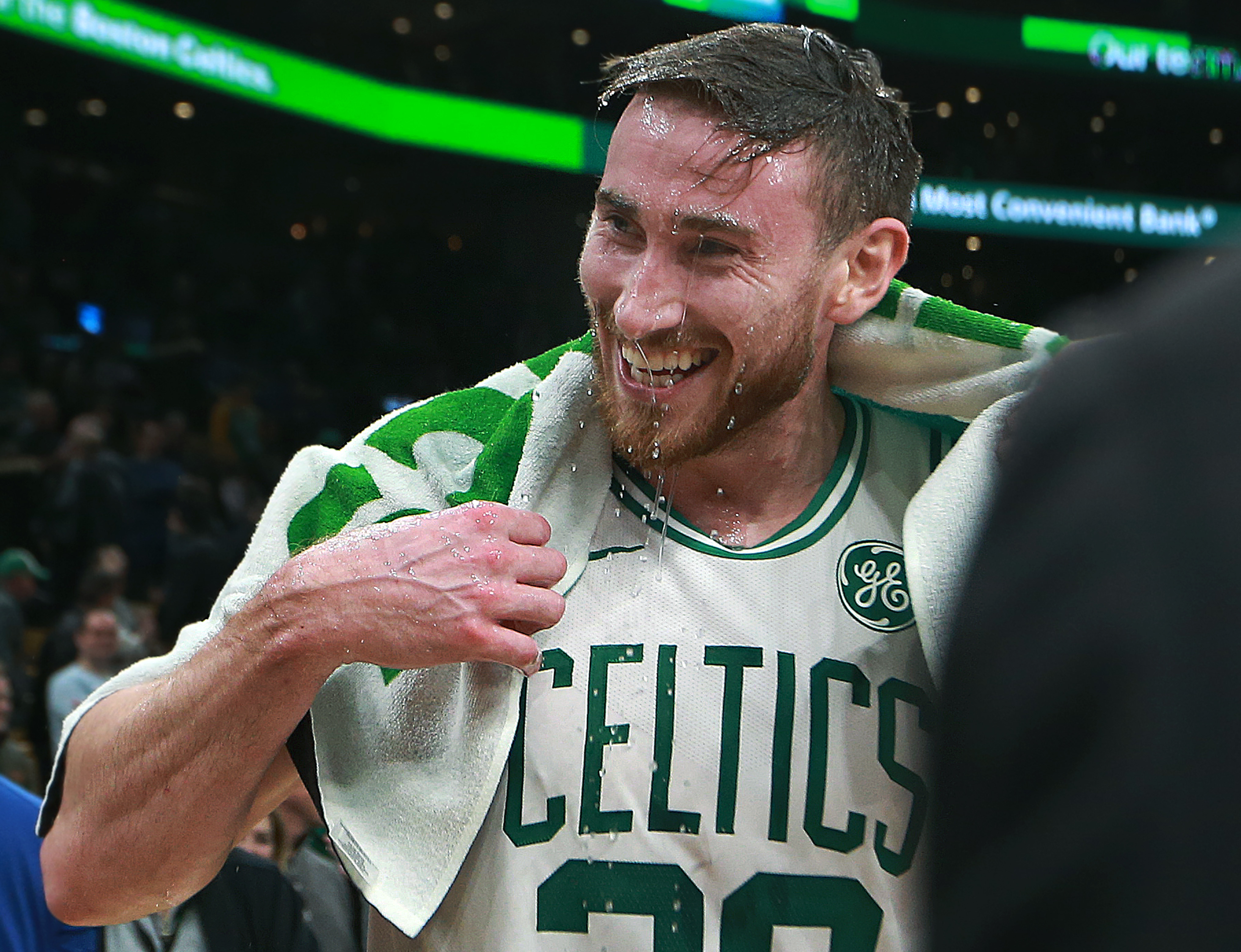 After he sizzled in scoring a season-high 35 points for the Celtics, Gordon Hayward enjoyed the spoils of victory: a dousing by his teammates during a postgame TV interview.
