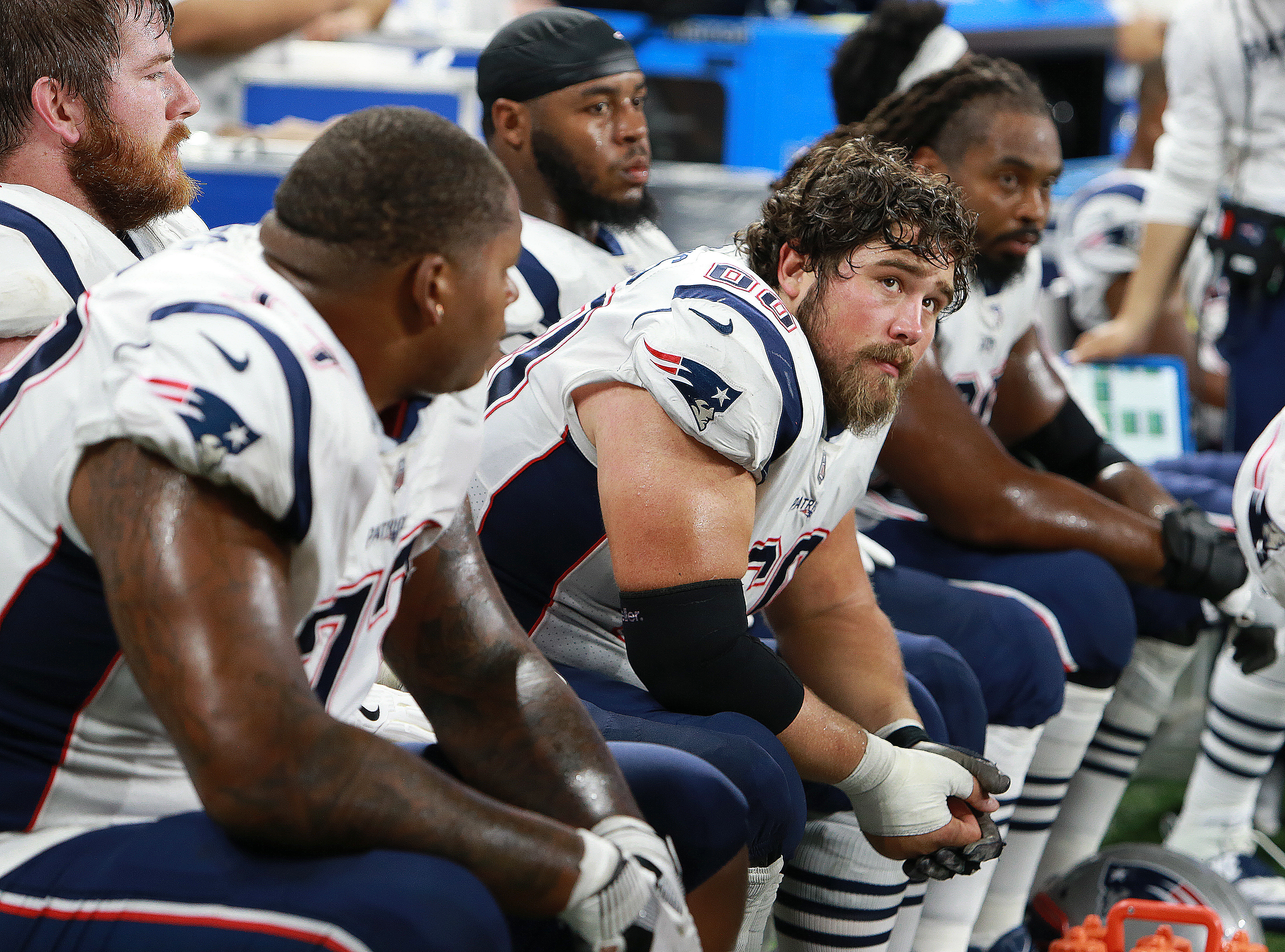 Center David Andrews and the offensive line are not a happy bunch near the end of the game.