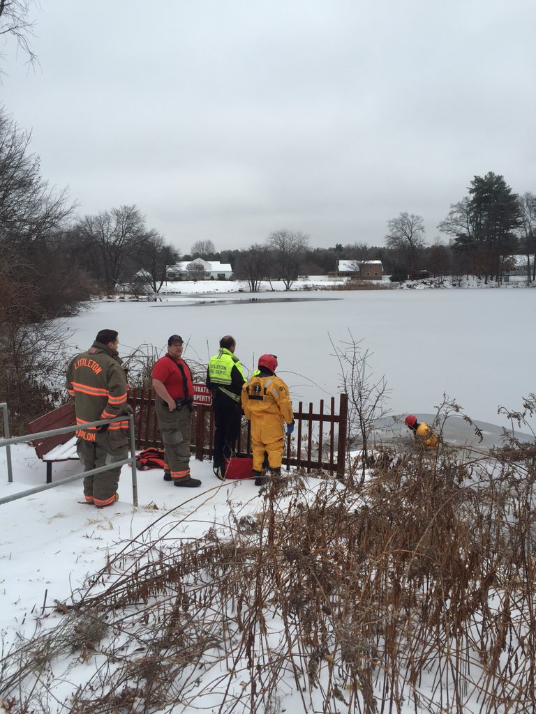 Members of the Littleton Fire Department responded to Mill Pond for a report of someone falling through the ice trying to rescue a drone. The person was able to get out of the water on their own.