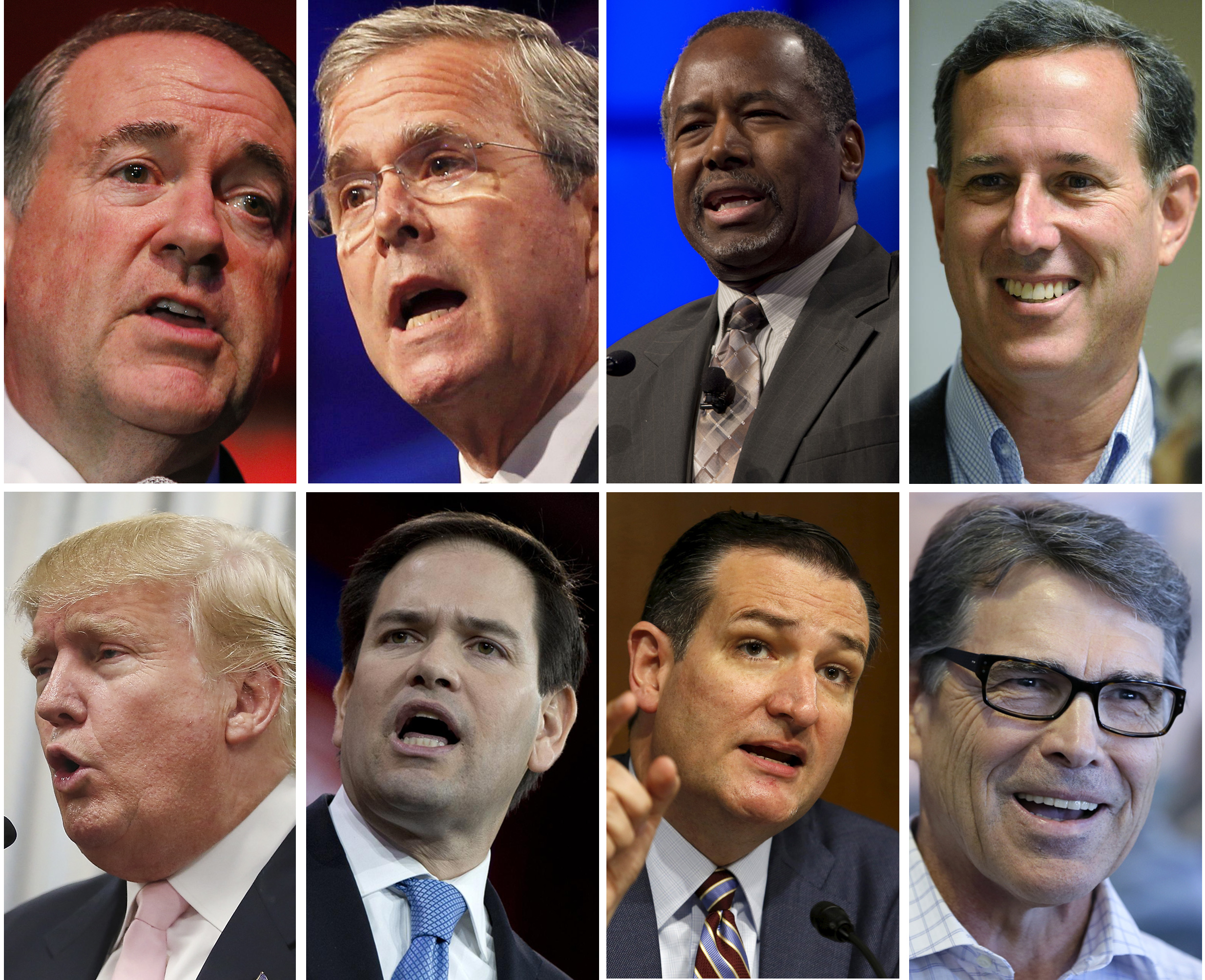 Top from left: Mike Huckabee, Jeb Bush, Ben Carson, Rick Santorum. Bottom from left: Donald Trump, Marco Rubio, Ted Cruz, and Rick Perry.