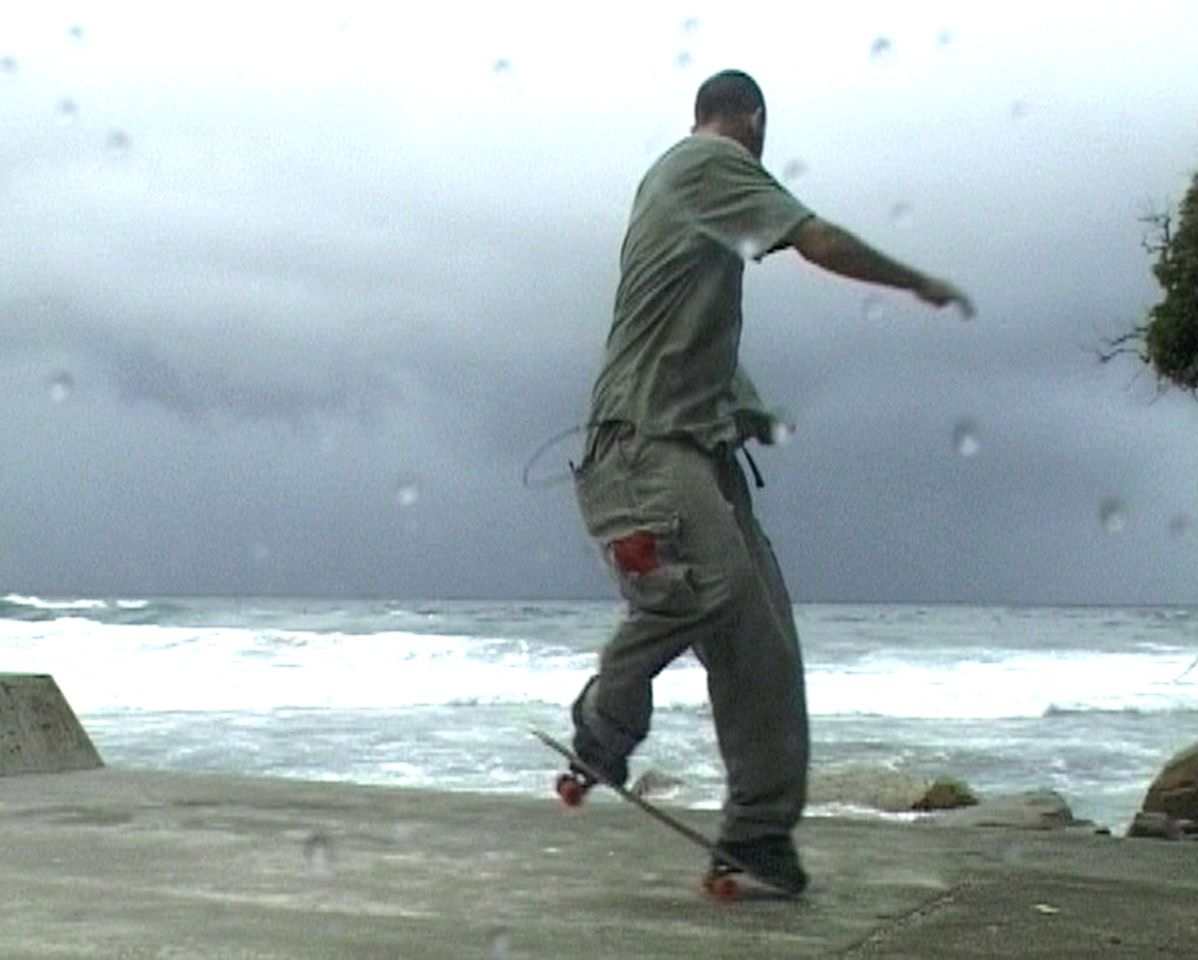 A still from Shaun Gladwell’s video “Storm Sequence’’ at the Sandra & David Bakalar Gallery at Massachusetts College of Art and Design.